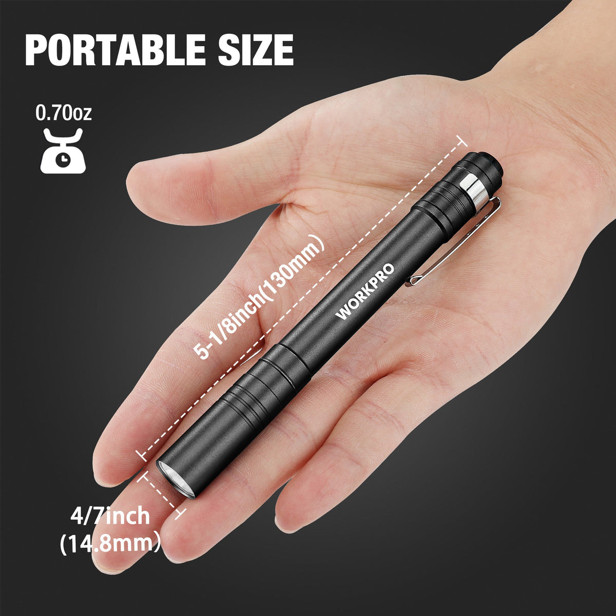 Black LED pen flashlight held in hand, compact size with metal clip