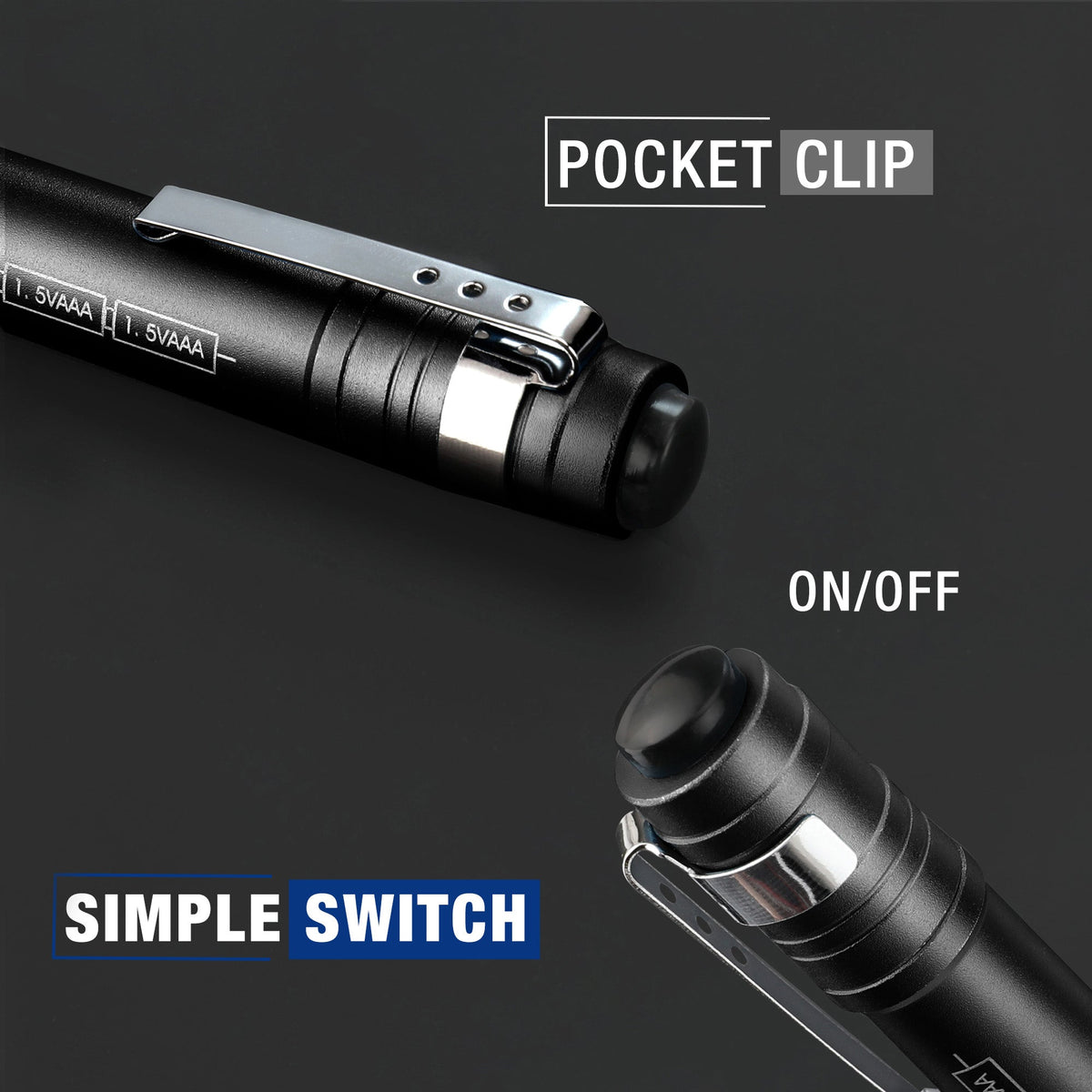 Black LED pen flashlight with metal pocket clip and side ON/OFF switch