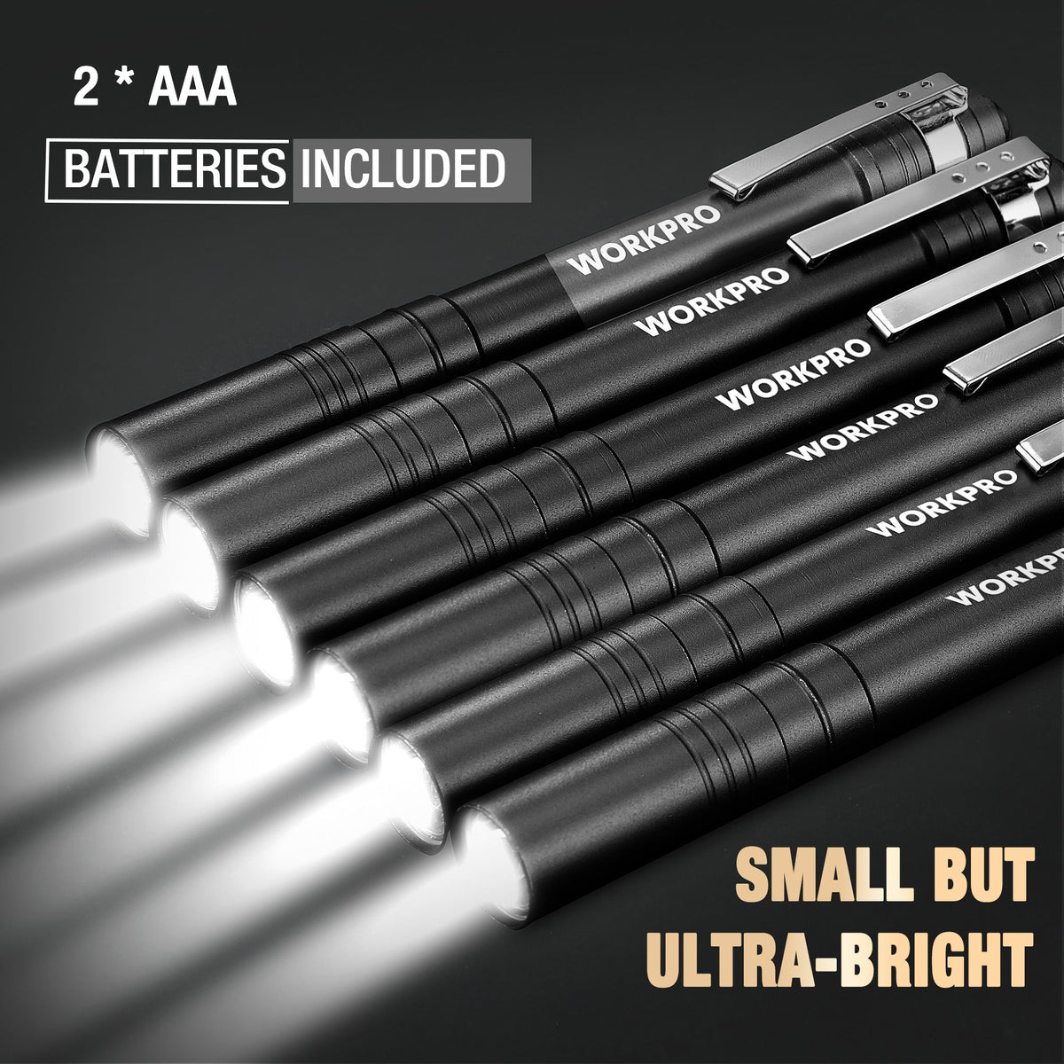 Black LED pen flashlights with metal clips; includes two AAA batteries