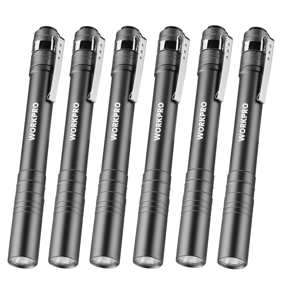 Set of six pocket LED pen flashlights in dark gray aluminum with built-in clip