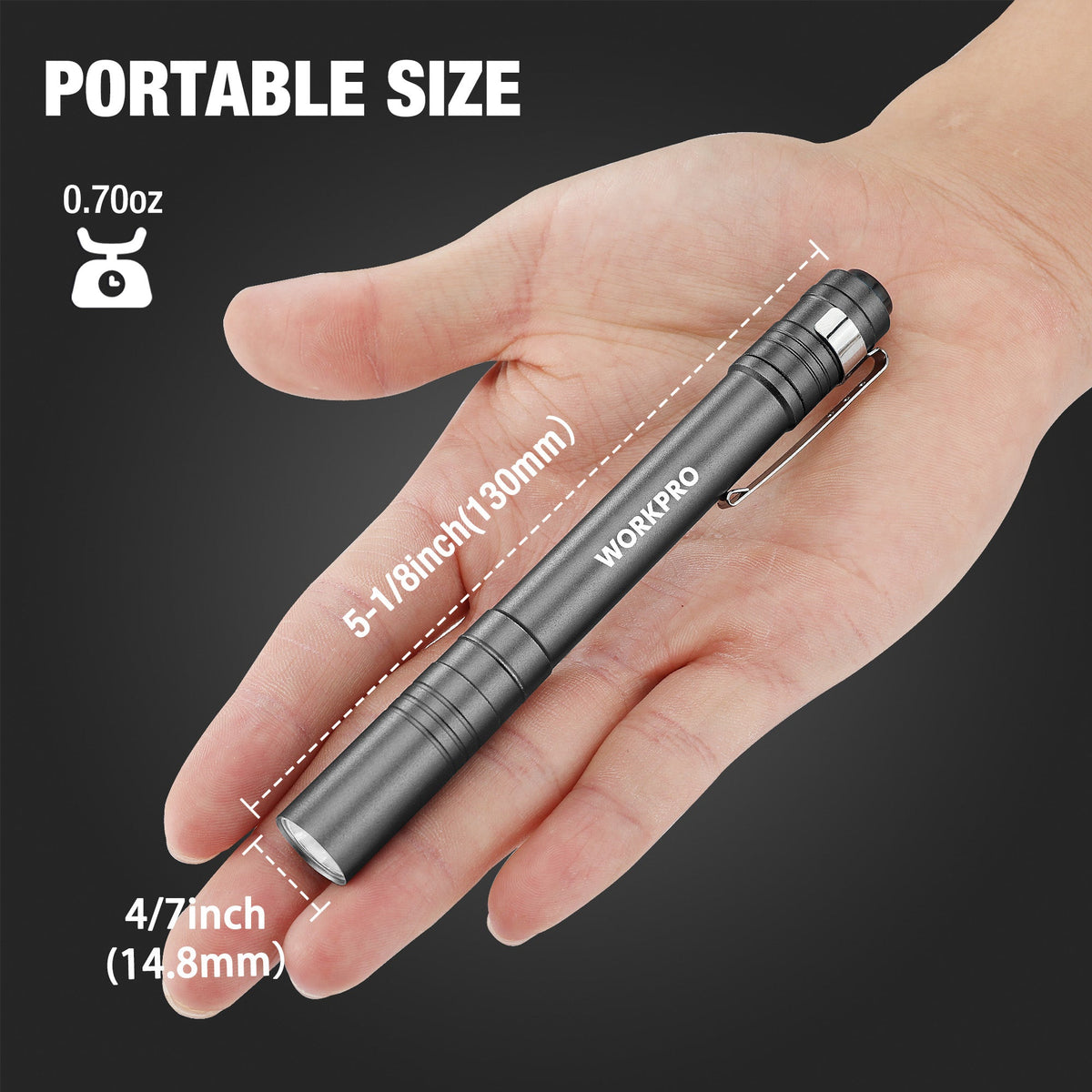 Dark gray pocket LED pen flashlight held in hand, compact aluminum body