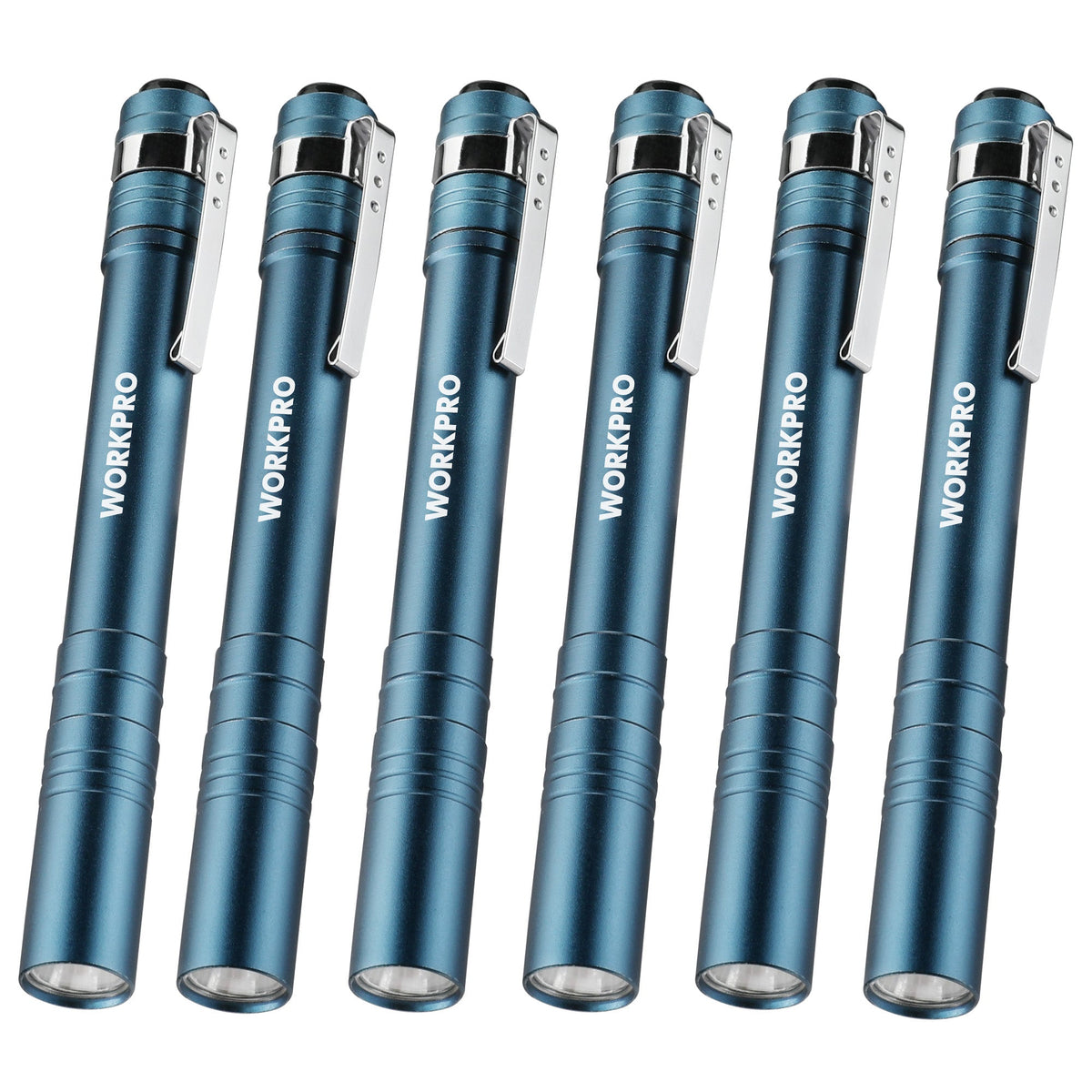 WORKPRO blue aluminum LED pen lights, 6-pack with pocket clips