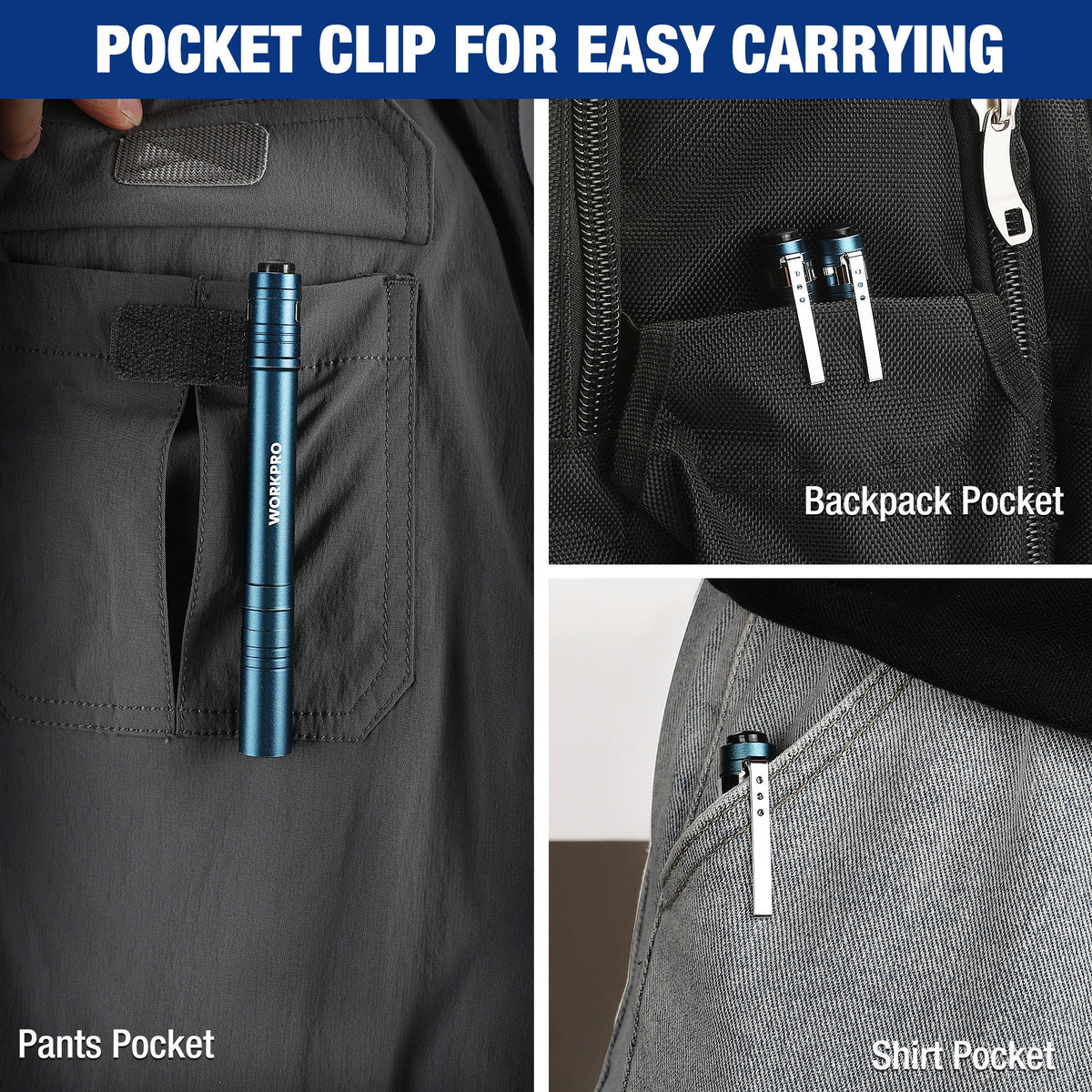 Blue LED pen light clipped in pants pocket, also shown in backpack pocket