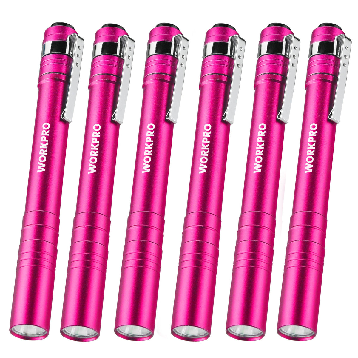 Pink LED penlight flashlight set with metal clip, 6-pack