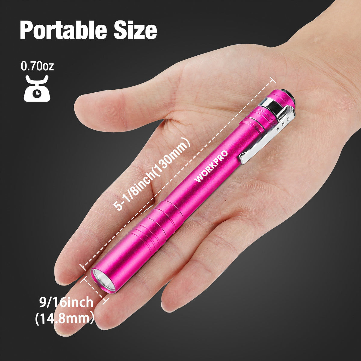 Pink LED penlight flashlight, compact handheld size with metal clip