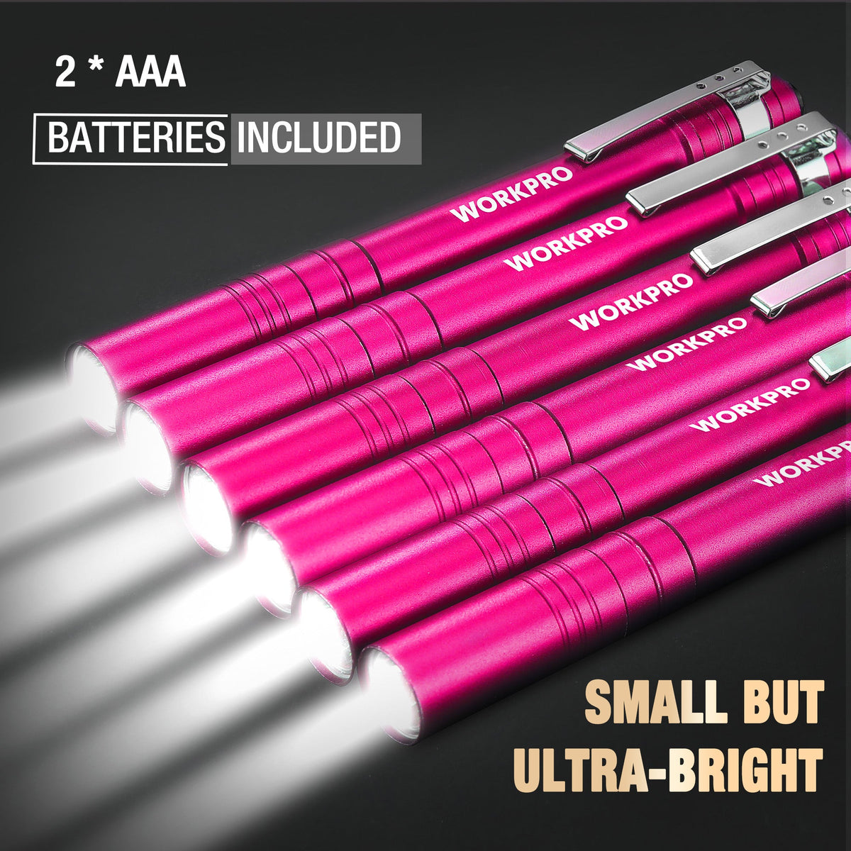 Pink LED penlight flashlights with aluminum bodies and bright lens tips