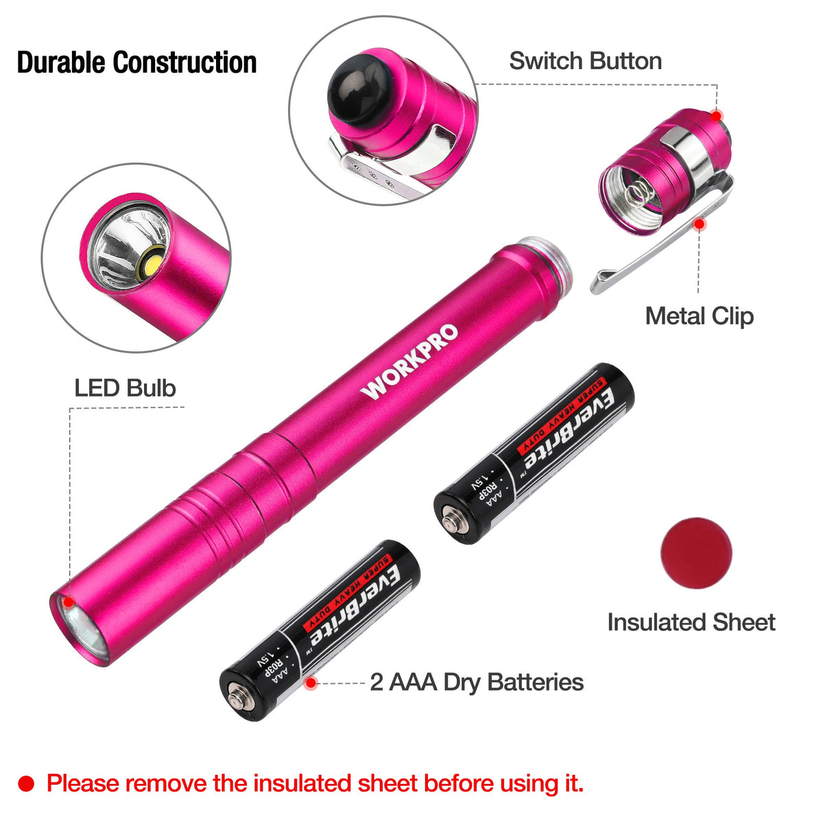 Pink LED penlight with metal clip, showing switch and 2 AAA batteries