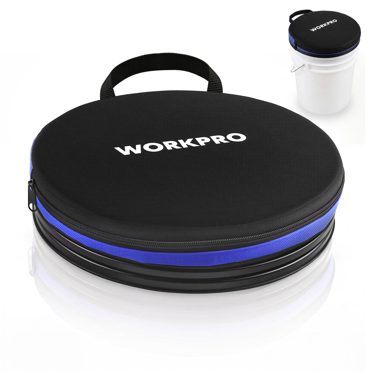 Workpro 3 and 5 gallon bucket seat in black with blue trim, 600D Oxford fabric cover supporting up to 400 lb