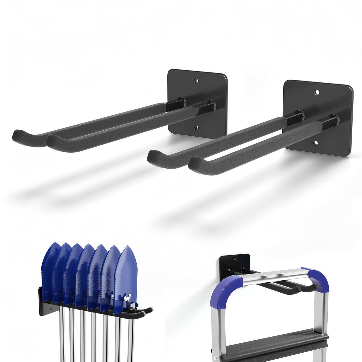 Workpro heavy duty garage storage hooks in black, two pack wall mounted for tool organization.