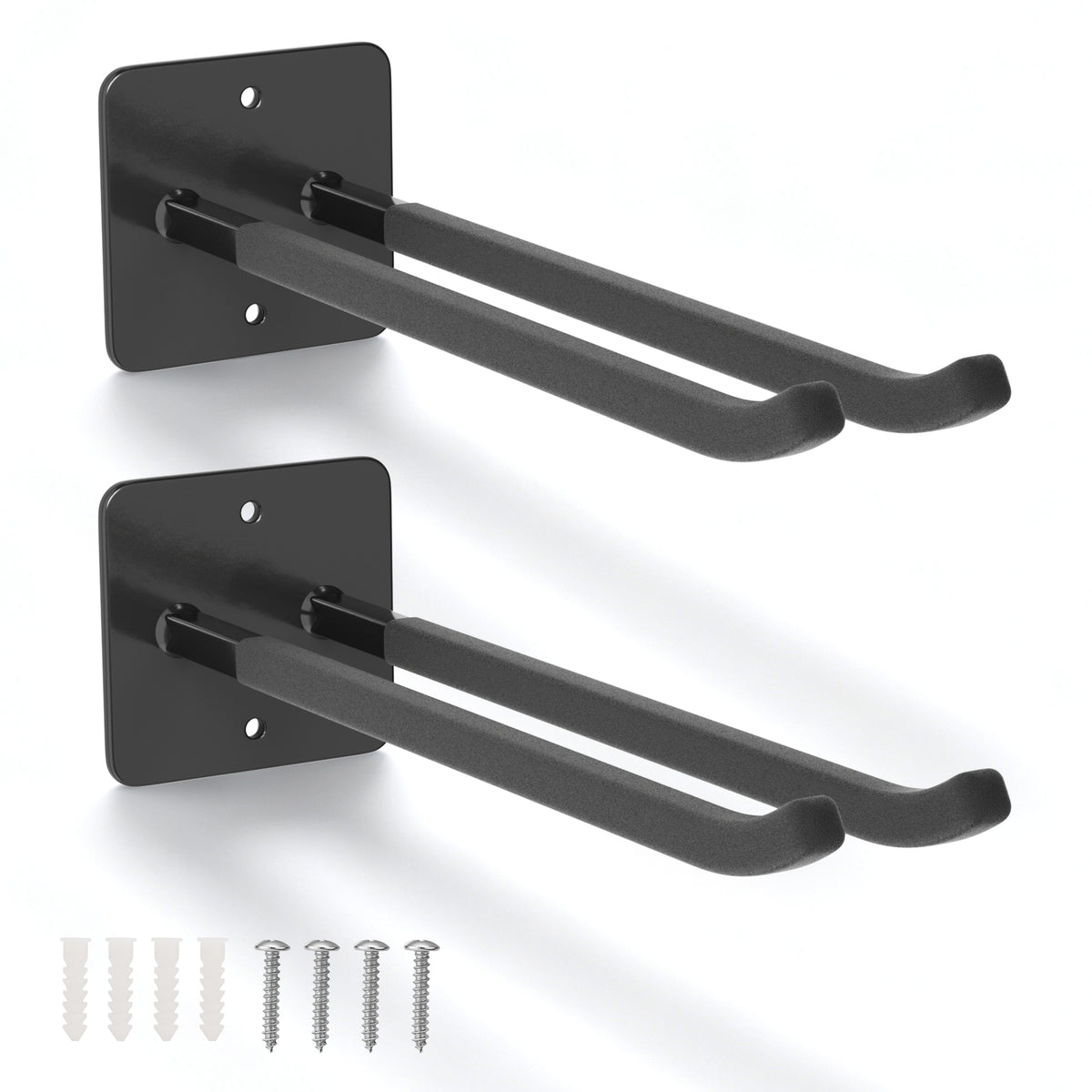 Workpro heavy duty garage storage hooks in black with paired mounting plates and included wall screws.