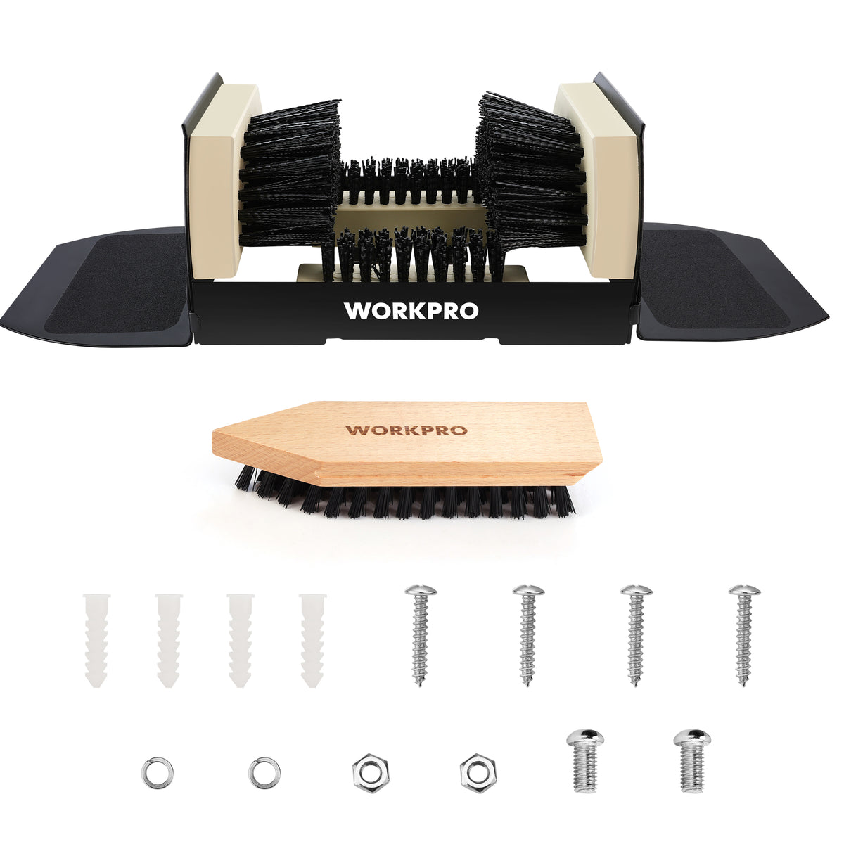 Workpro boot scrubber with four-sided flex brushes, non-skid surfaces, and a wooden pointed-tip brush