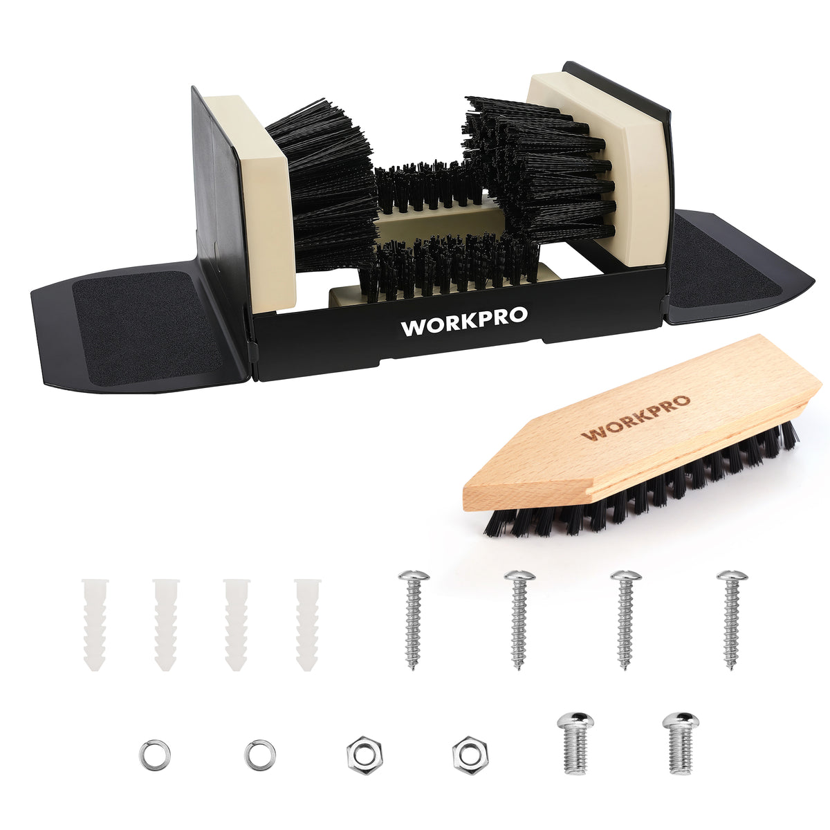 Workpro boot scrubber and shoe brush kit with four-sided flex brushes and non-skid surfaces.