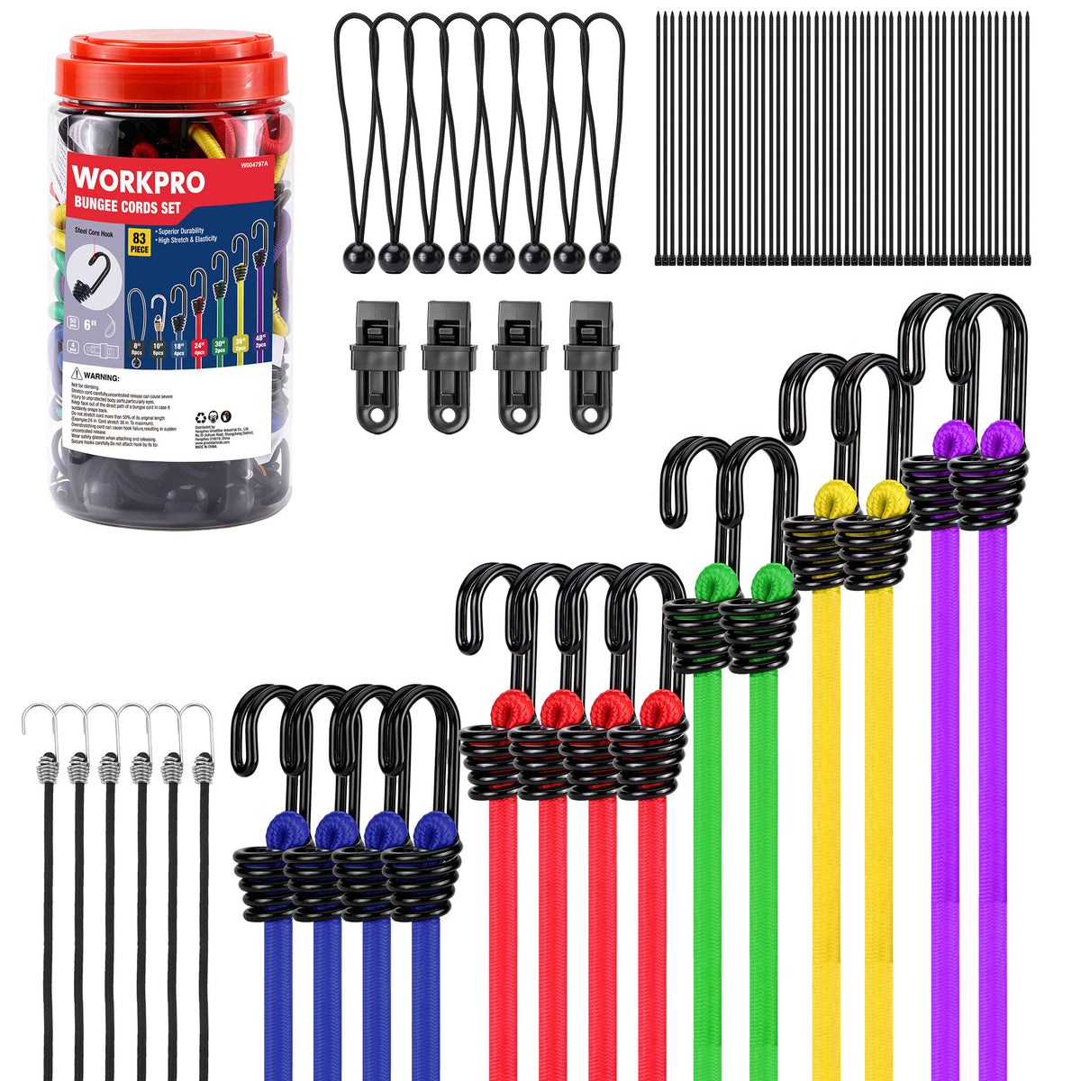 Workpro bungee cords with hooks with 18 to 48 inch assorted lengths for secure outdoor tie downs.