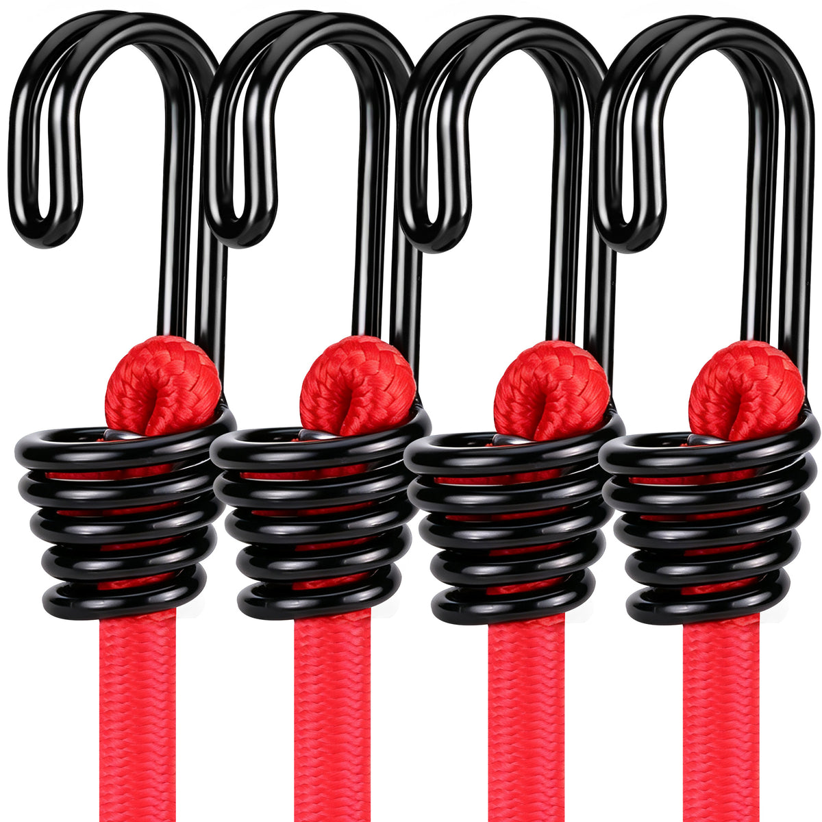Workpro 24 inch bungee cords with hooks in red, a pack of four with reinforced spiral construction