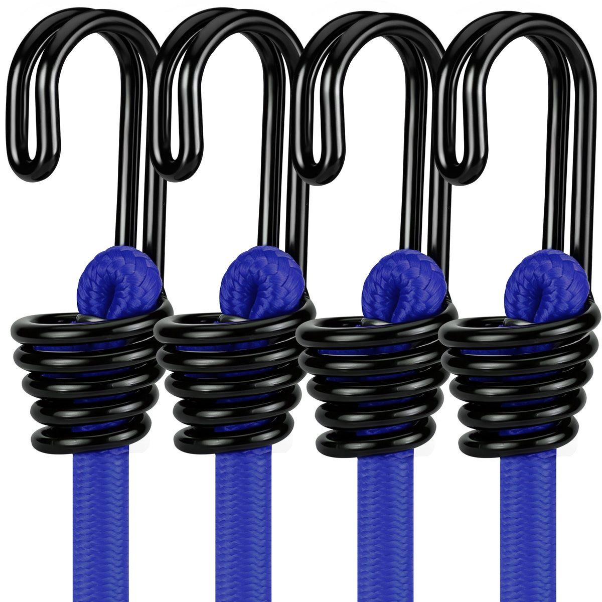 Workpro four pack bungee cords with hooks in blue, featuring a PP braided outer layer and rubber core for cargo tie downs