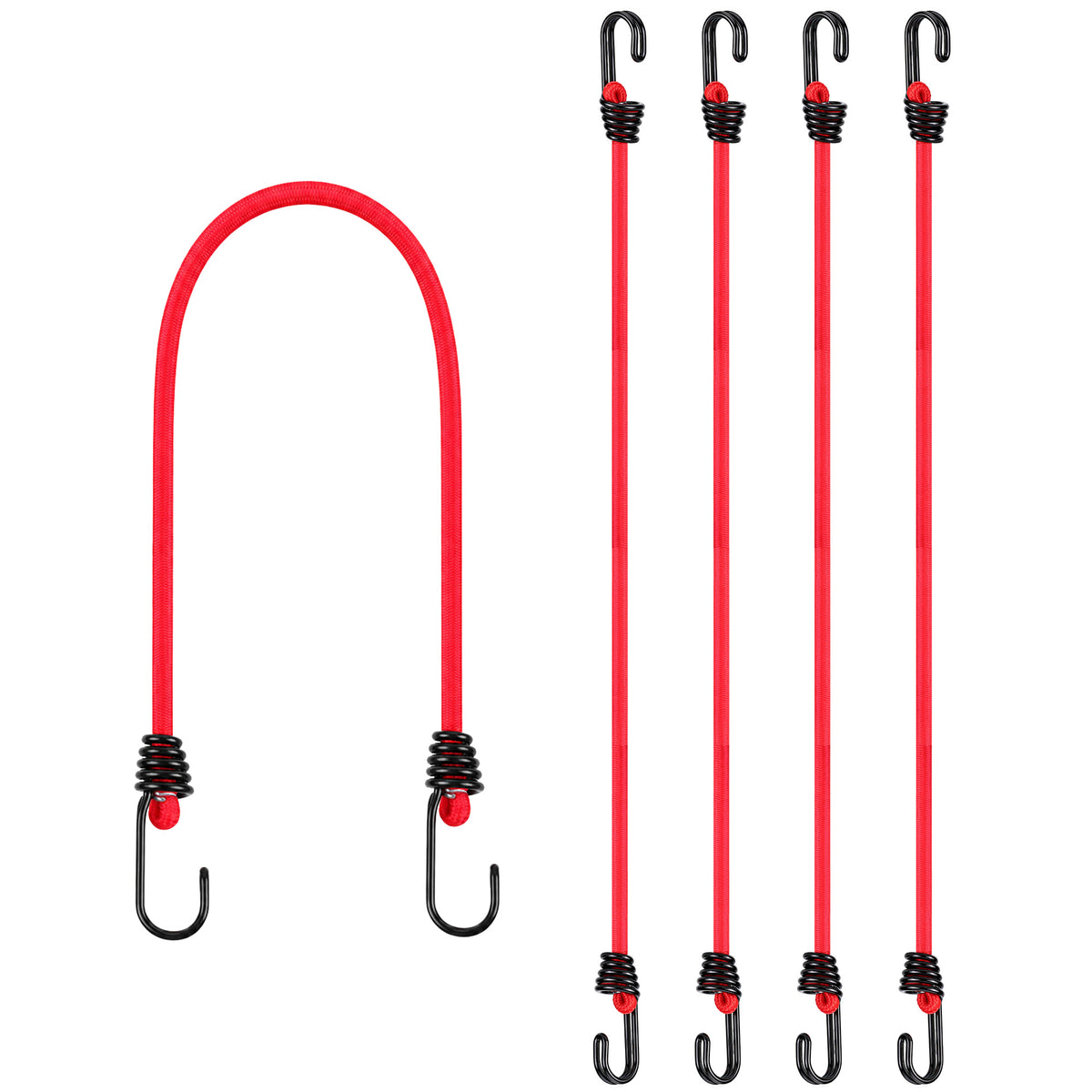 Workpro 24 inch bungee cords with hooks, red four pack, with braided outer layer and rubber core for secure cargo tie downs.
