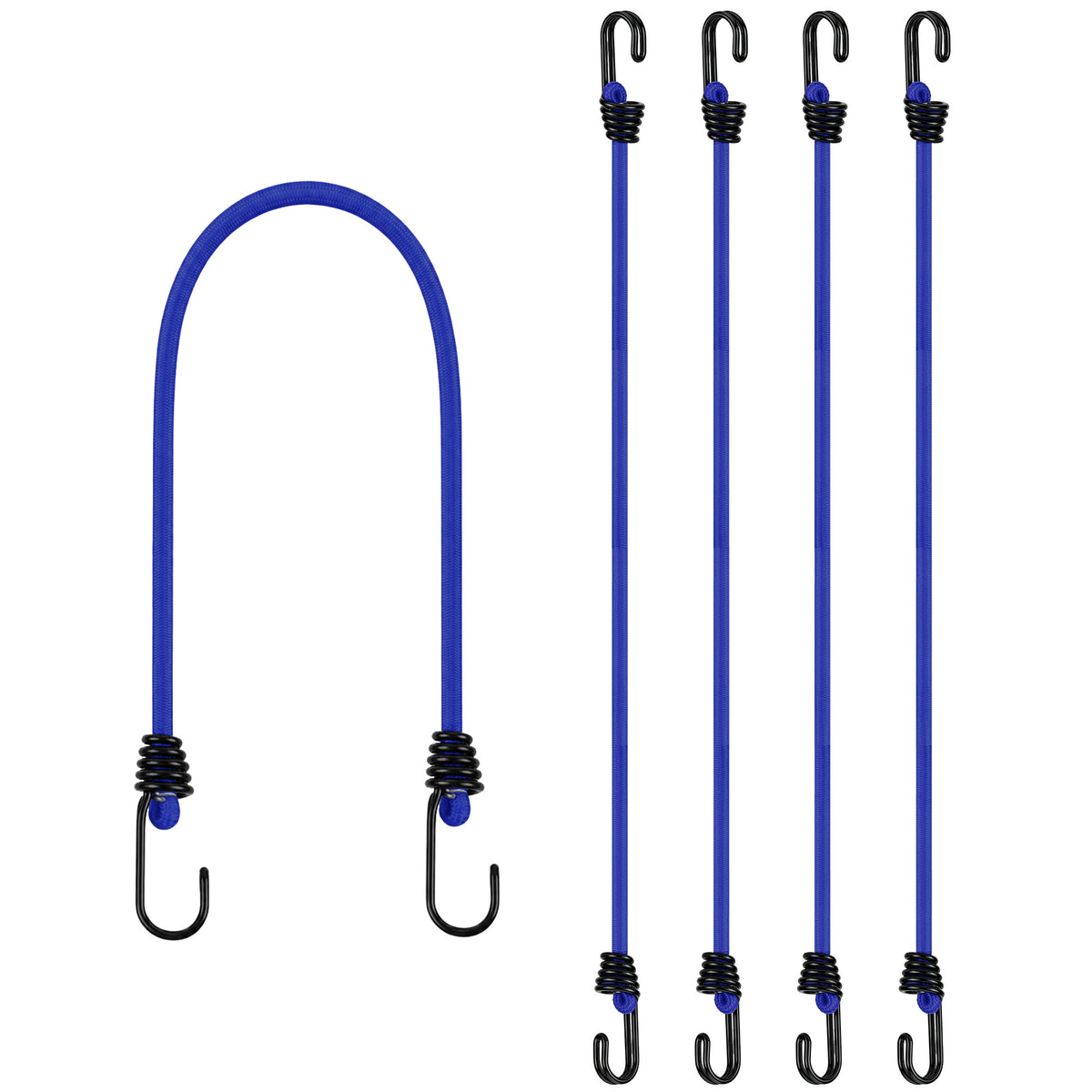 Workpro bungee cords with hooks in blue feature a PP braided outer layer and rubber core for cargo tie downs.