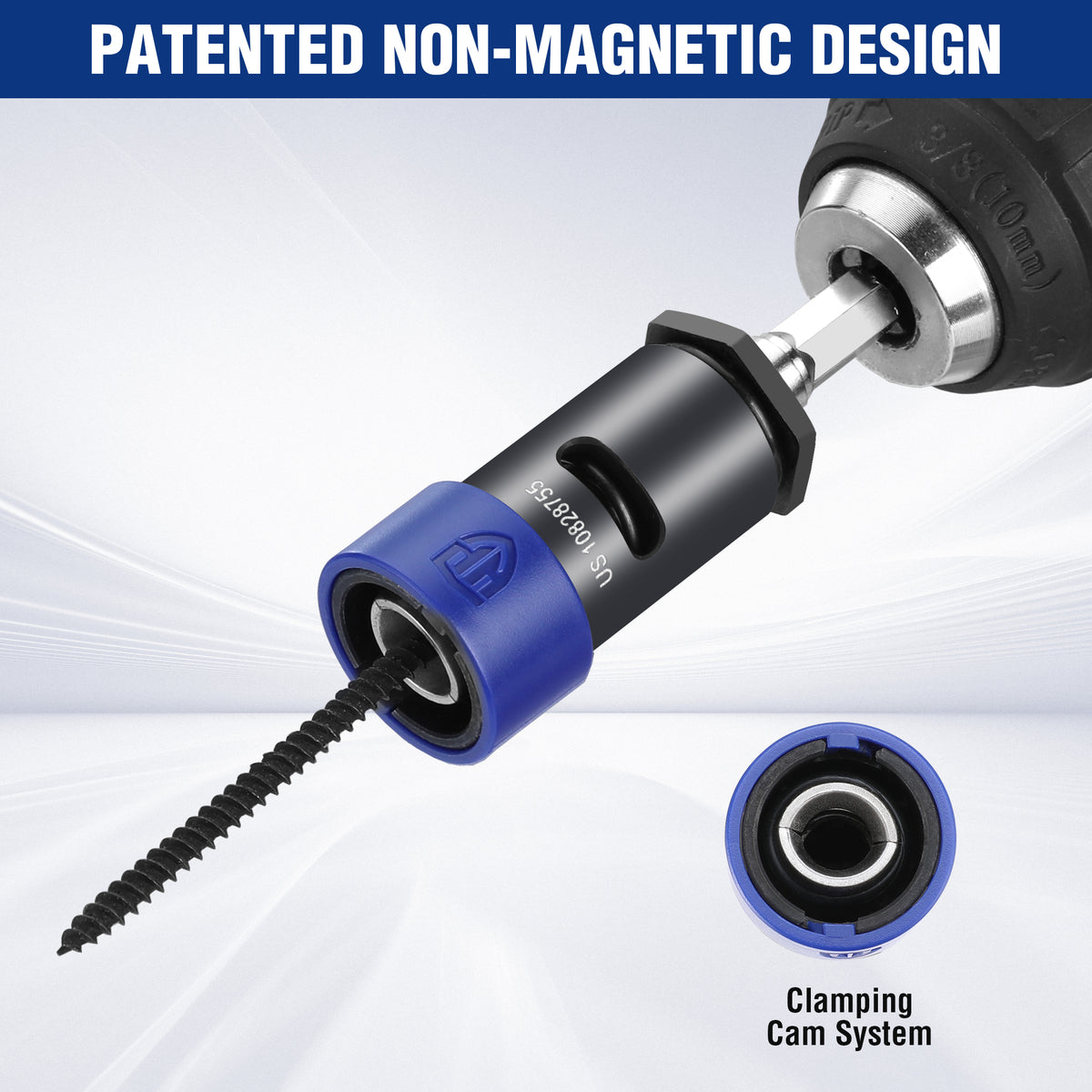 Non-magnetic drywall screw extractor tip with blue cam system sleeve and driver