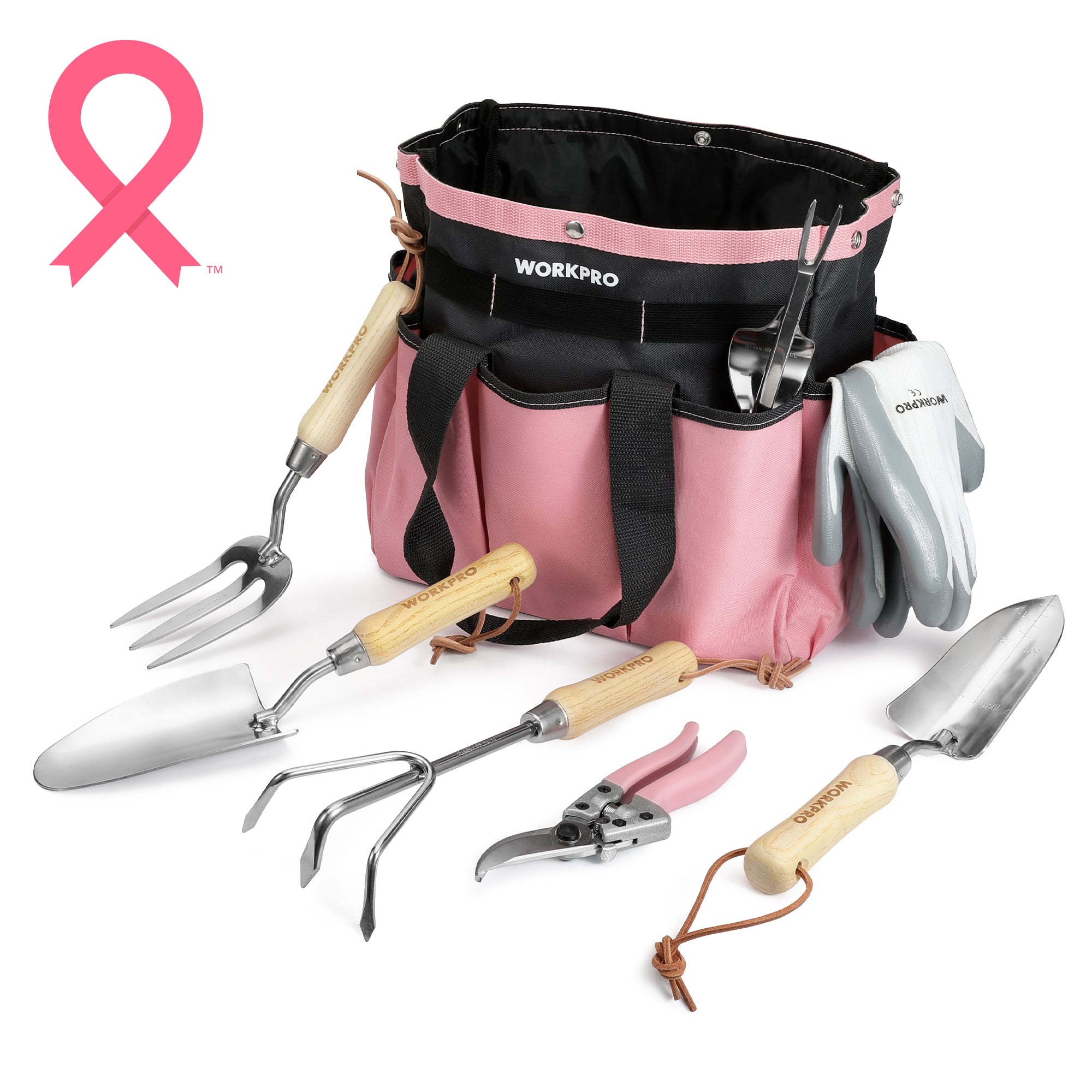 WORKPRO Pink Garden Tools 7 Pcs Set stainless steel garden hand tool set with innovation, quality, durable storage