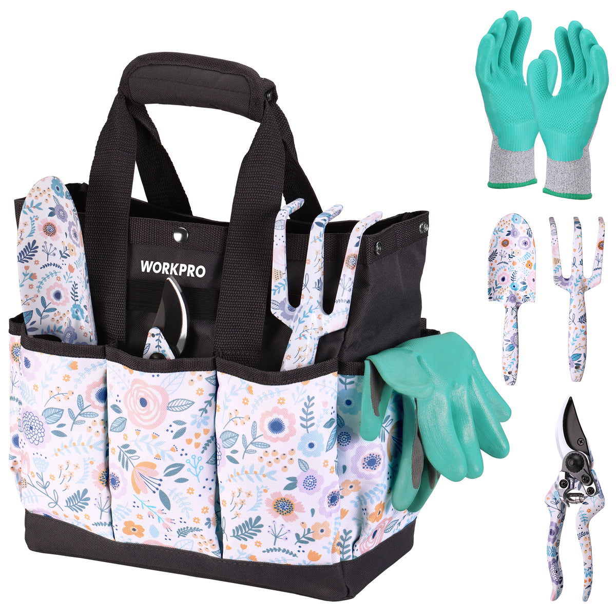WORKPRO 5PCS aluminum heavy duty gardening tool set with innovation quality high-quality secure durable storage bag