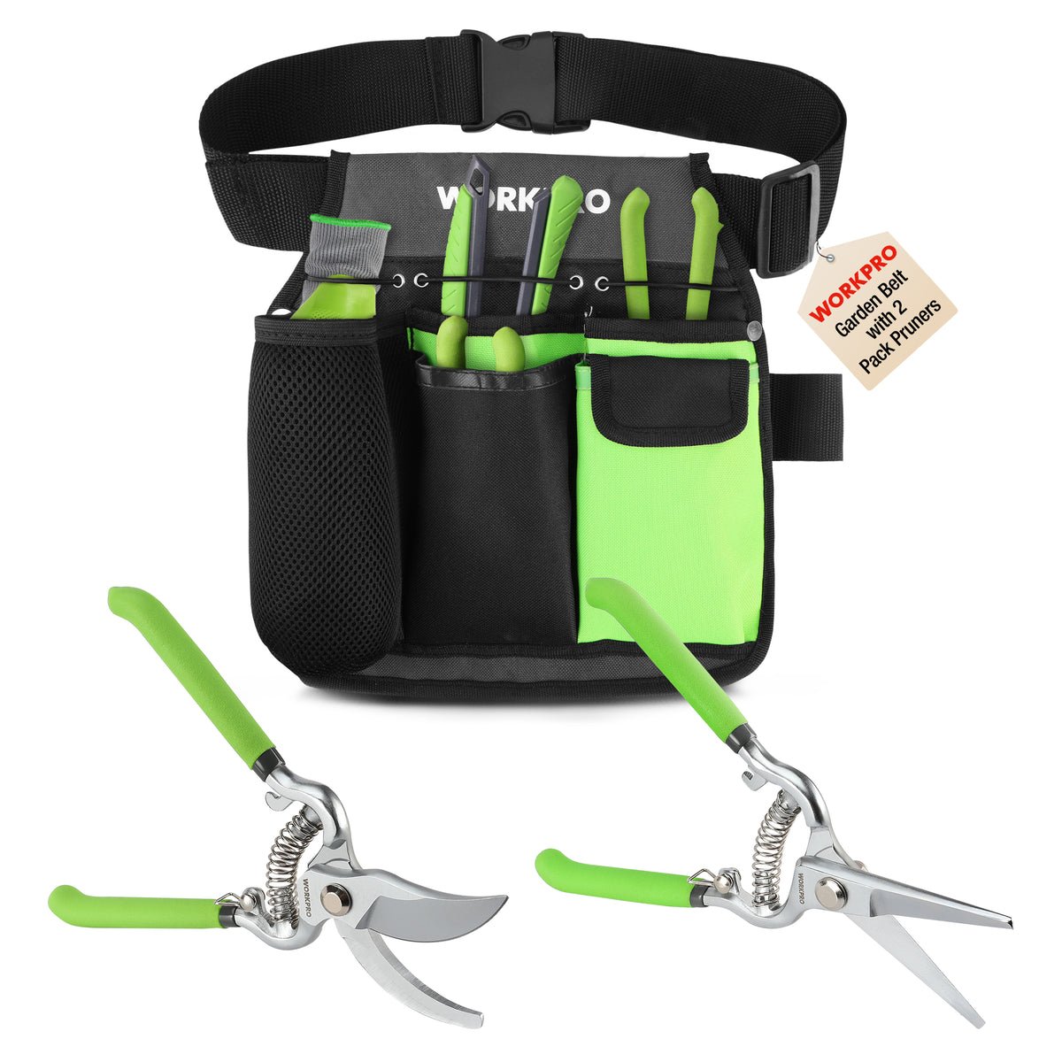 Workpro 2-piece pruning shears and garden belt set in green and black with spring-assisted blades with locking mechanism