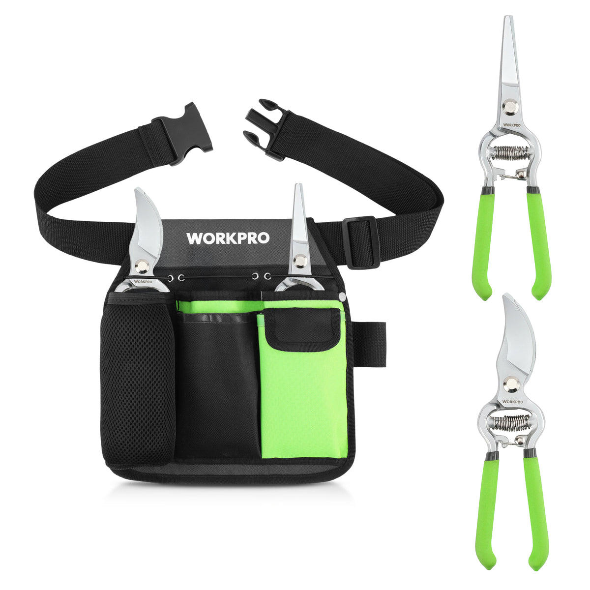 Workpro 2-piece pruning shears and garden belt set in black and green with spring assisted blades with locking mechanism.
