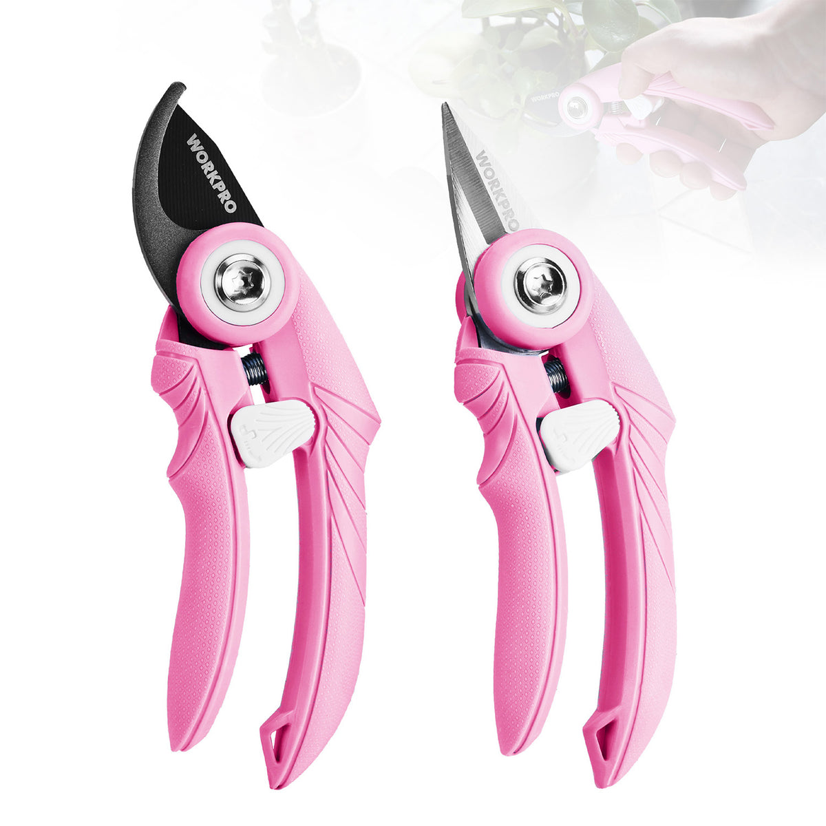 Pink pruning shears set with bypass and straight blades