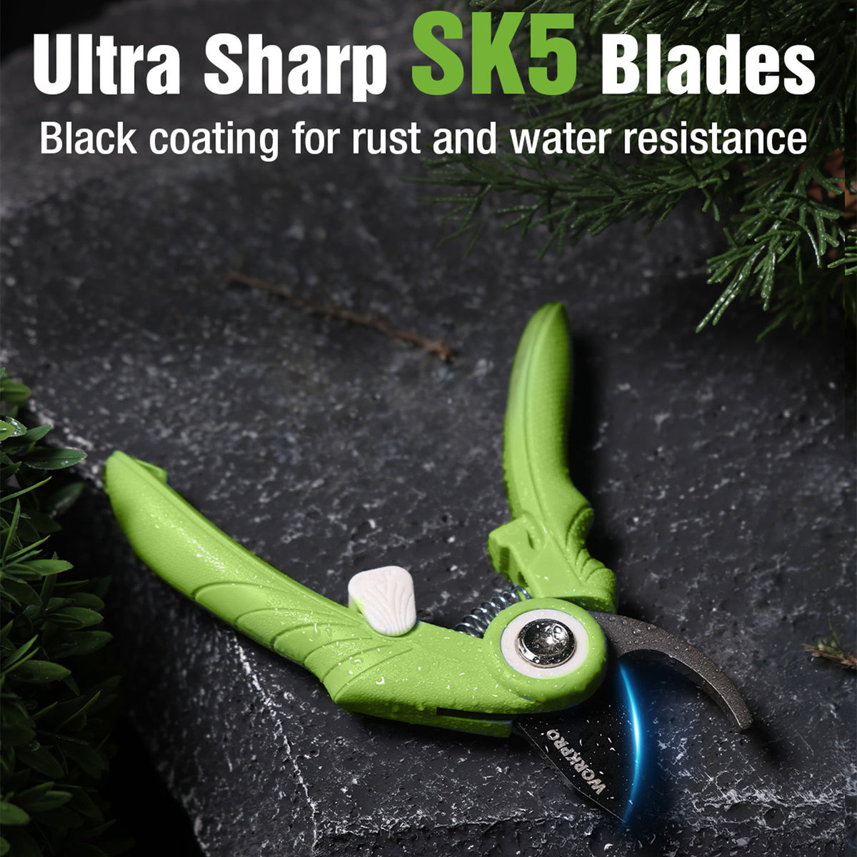 Green pruning shears with SK5 blades and black coating for rust and water resistance