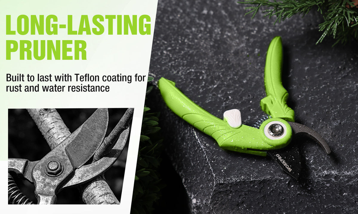 Green pruning shears on dark stone with innovation and quality text, showing long lasting design