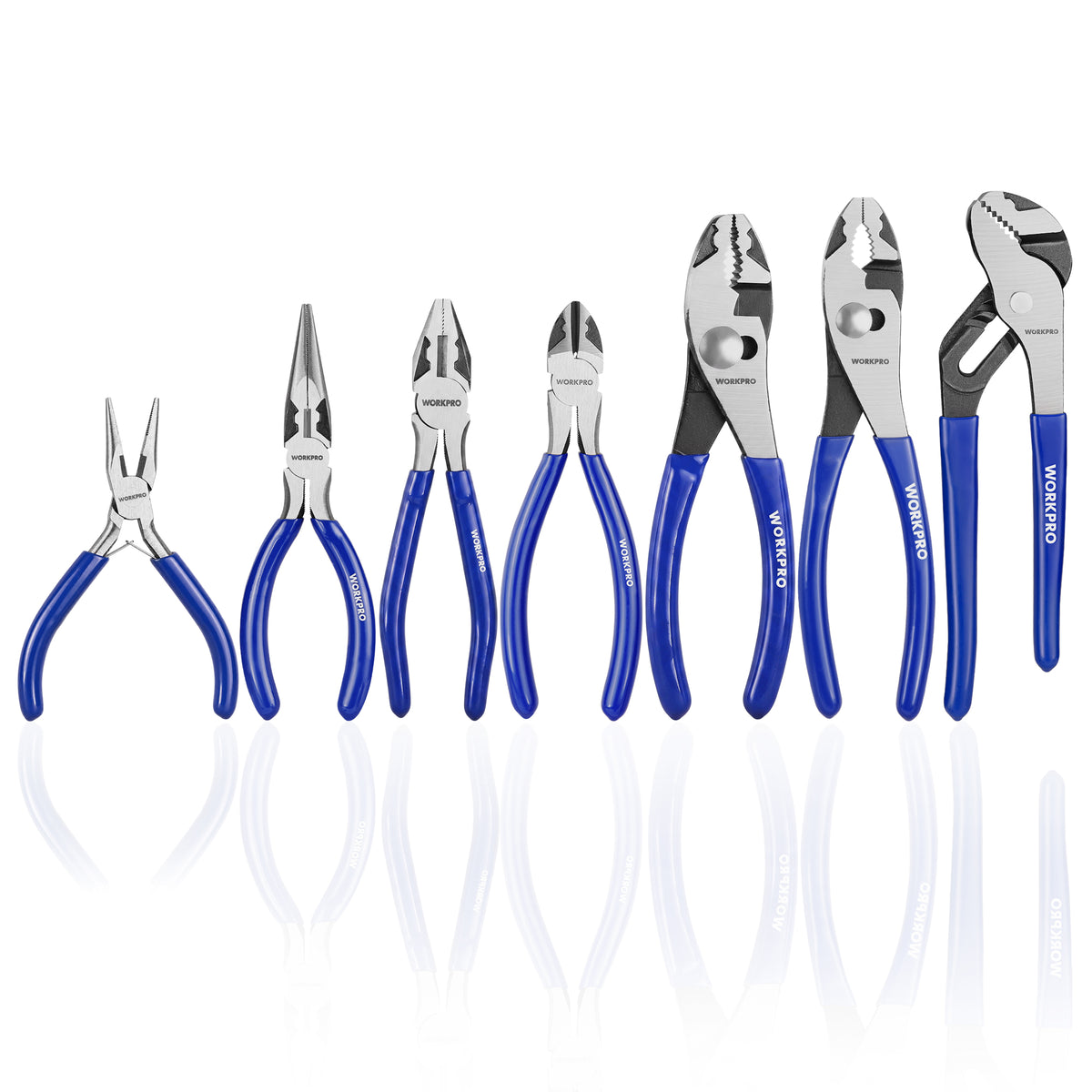 Workpro 7-piece pliers set with blue ergonomic soft-grip handles and heat-treated carbon steel jaws for repair tasks.