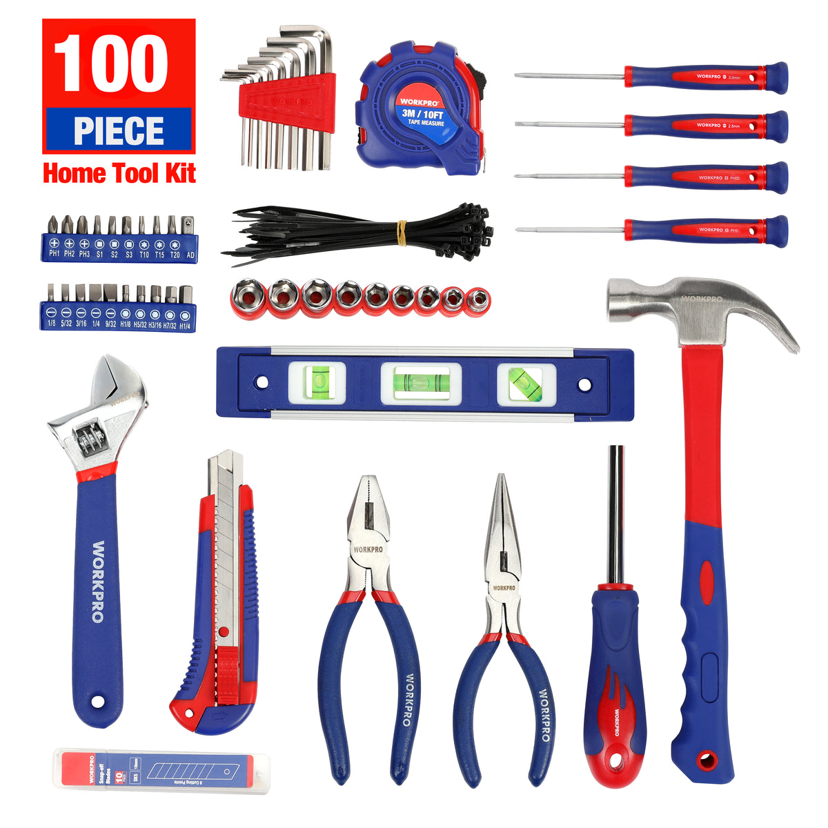 WORKPRO 100 Pcs kitchen drawer hand tool set with easy carrying pouch, innovation quality and secure durable convenience