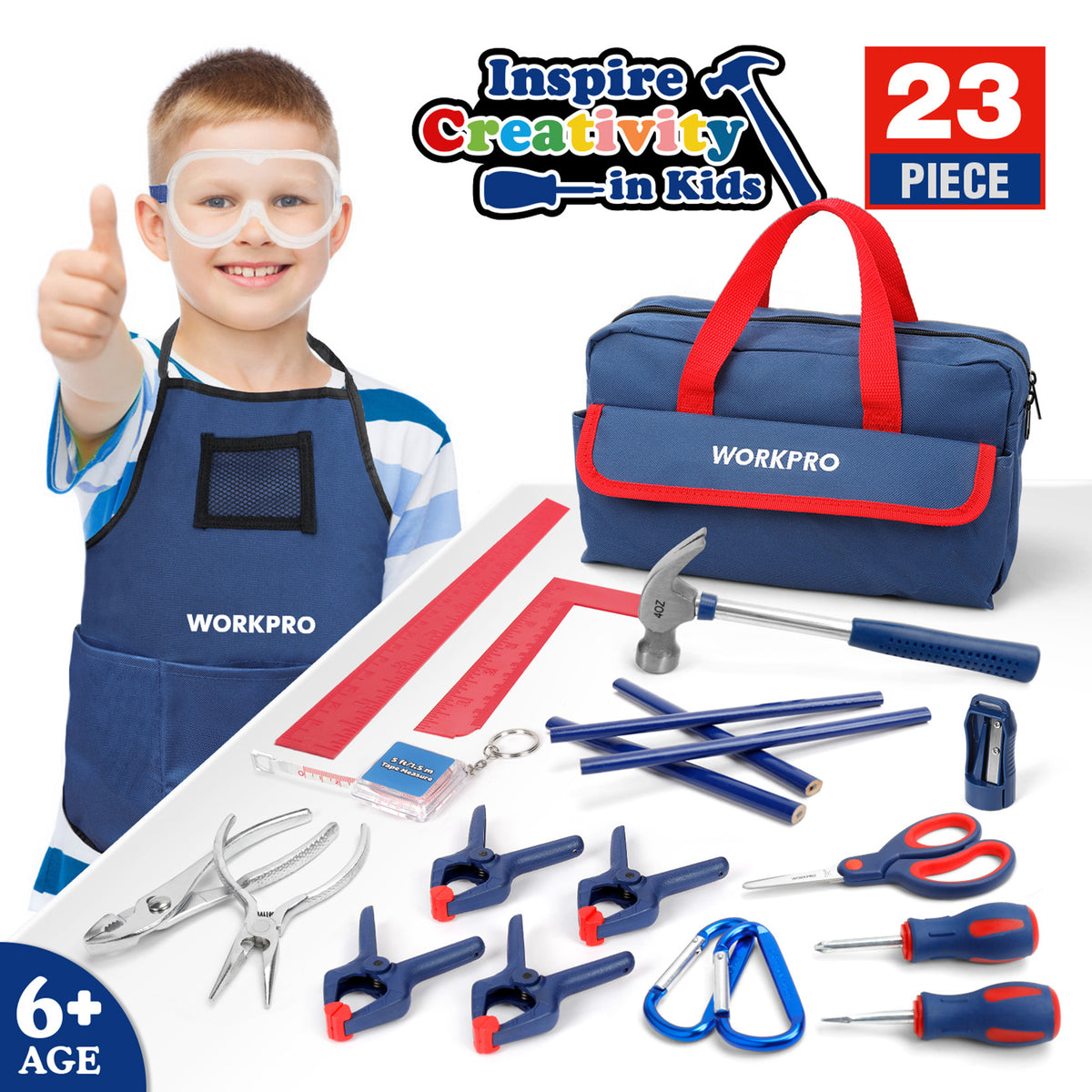 WORKPRO 23-piece tool set for children in blue with red storage bag, innovation and durable quality