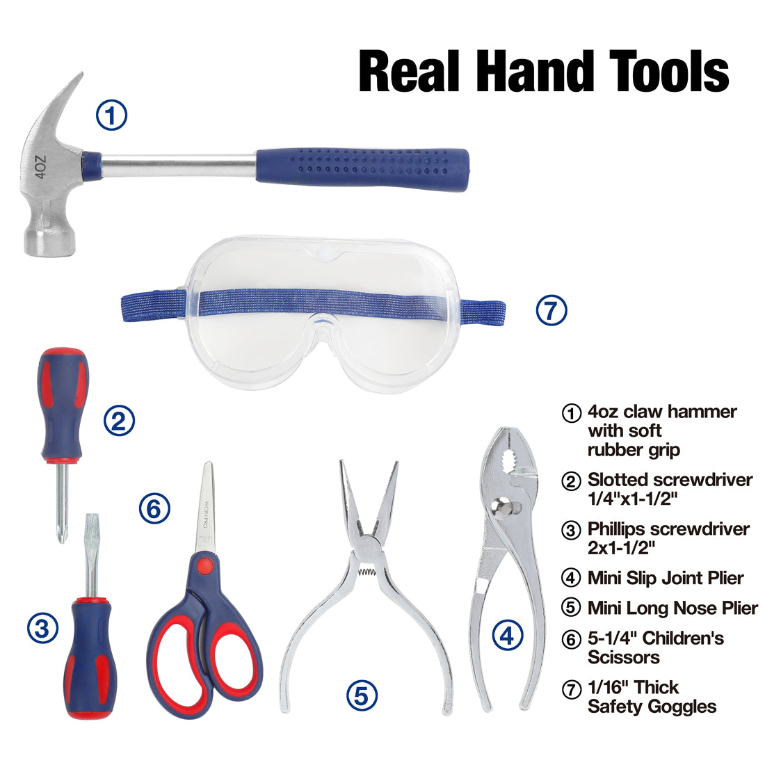 WORKPRO 23-piece kids hand tool set with storage bag, innovation and quality, blue handles and safety goggles