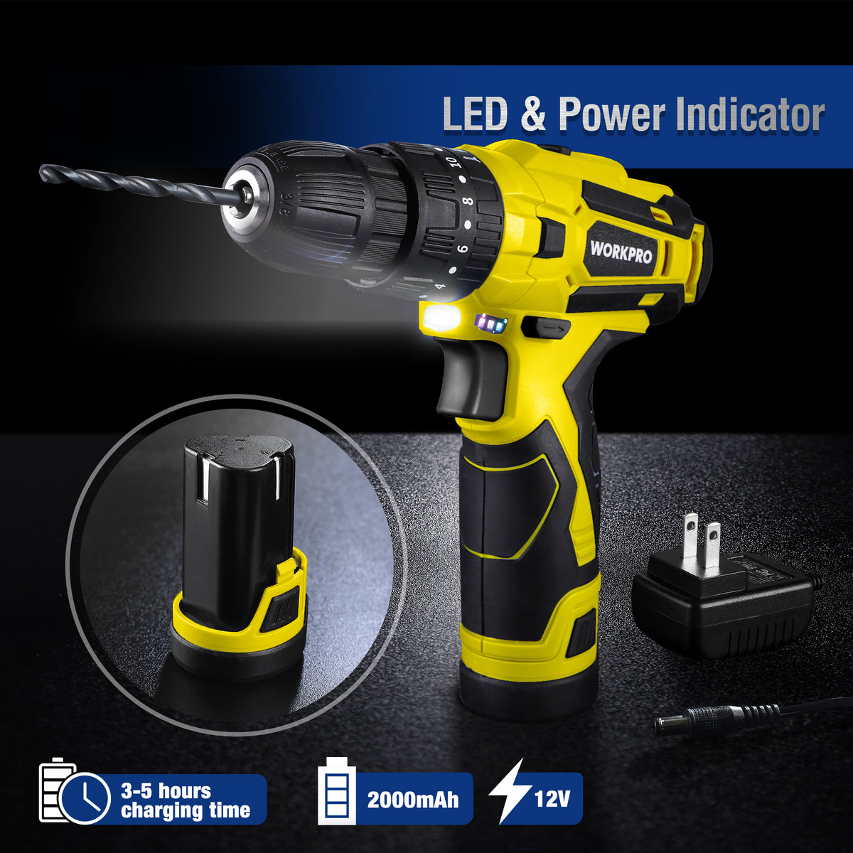 Yellow cordless drill/driver with LED power indicator and included charger