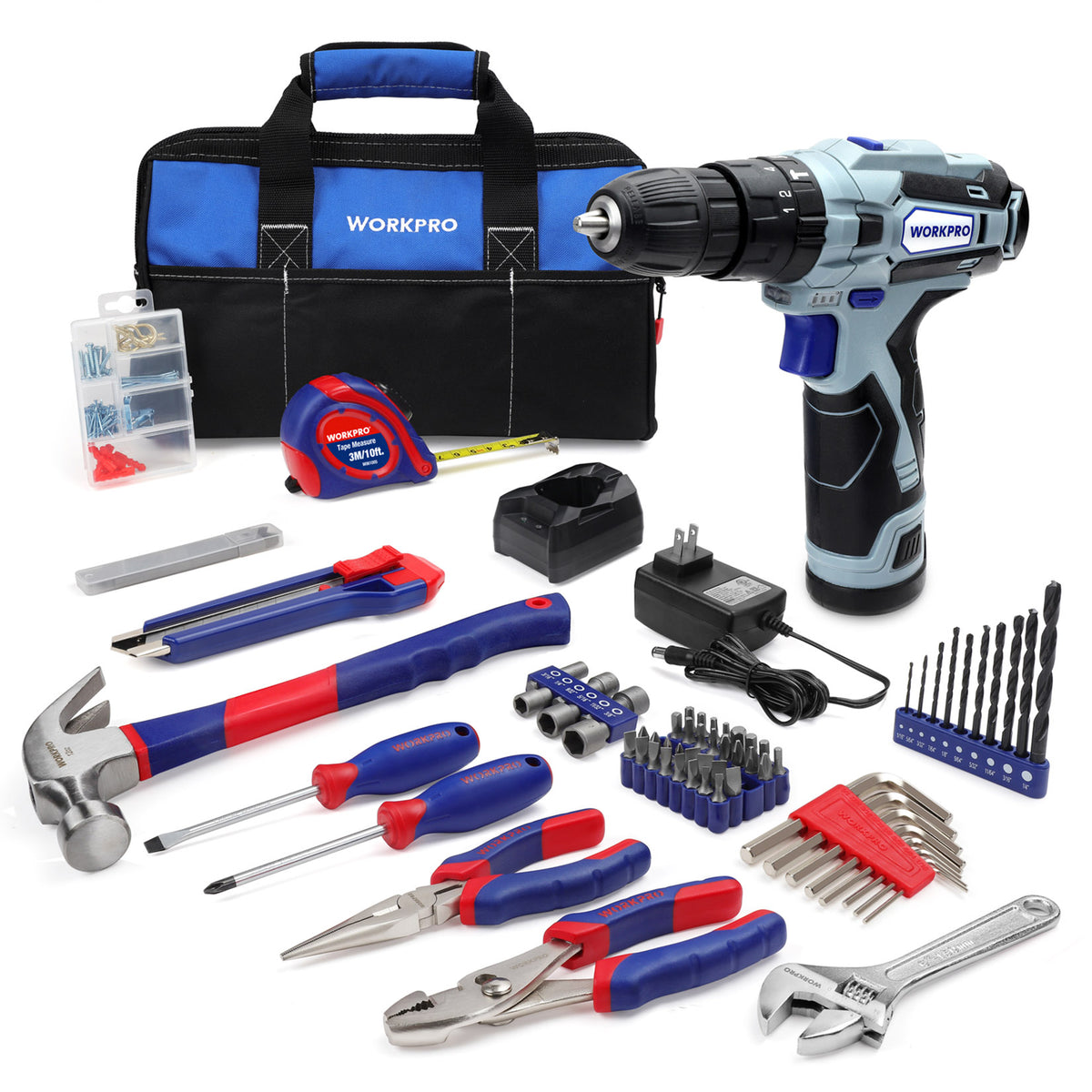 Workpro 12V cordless drill combo kit in blue and black with variable speeds and 3-in-1 drive, drill and hammer-drill