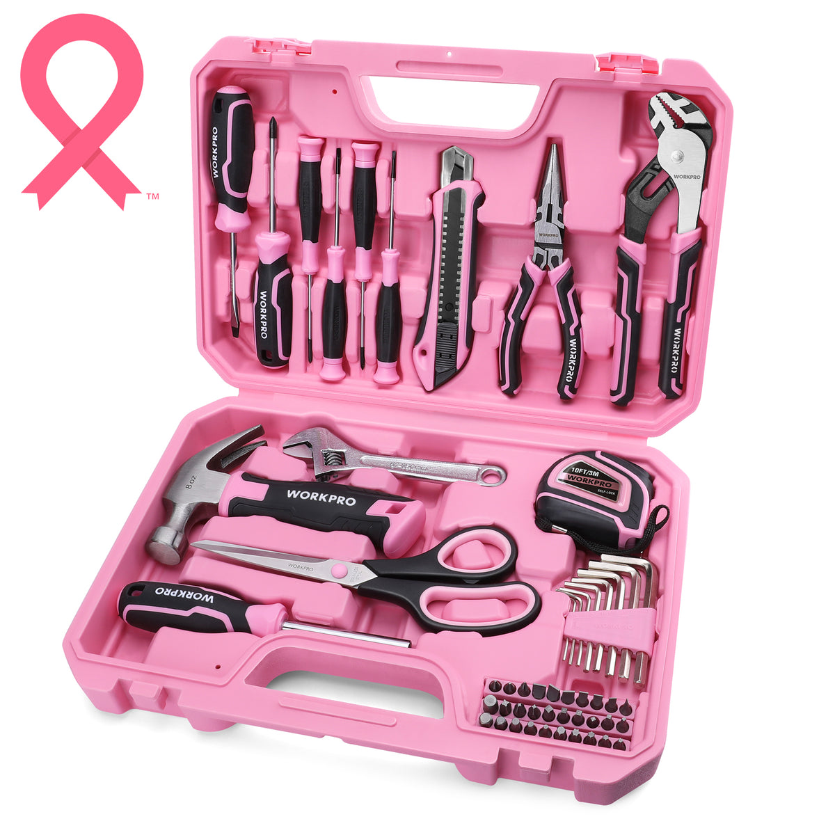 WORKPRO 52 Pcs Pink Tool Set home hand tool set with storage tool box, durable quality and secure convenience