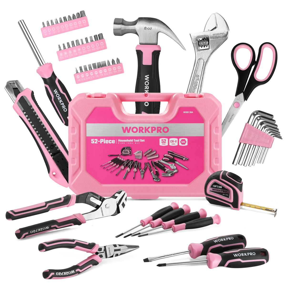 WORKPRO 52 Pcs Pink Tool Set with storage tool box, innovation quality and durable secure home DIY tools