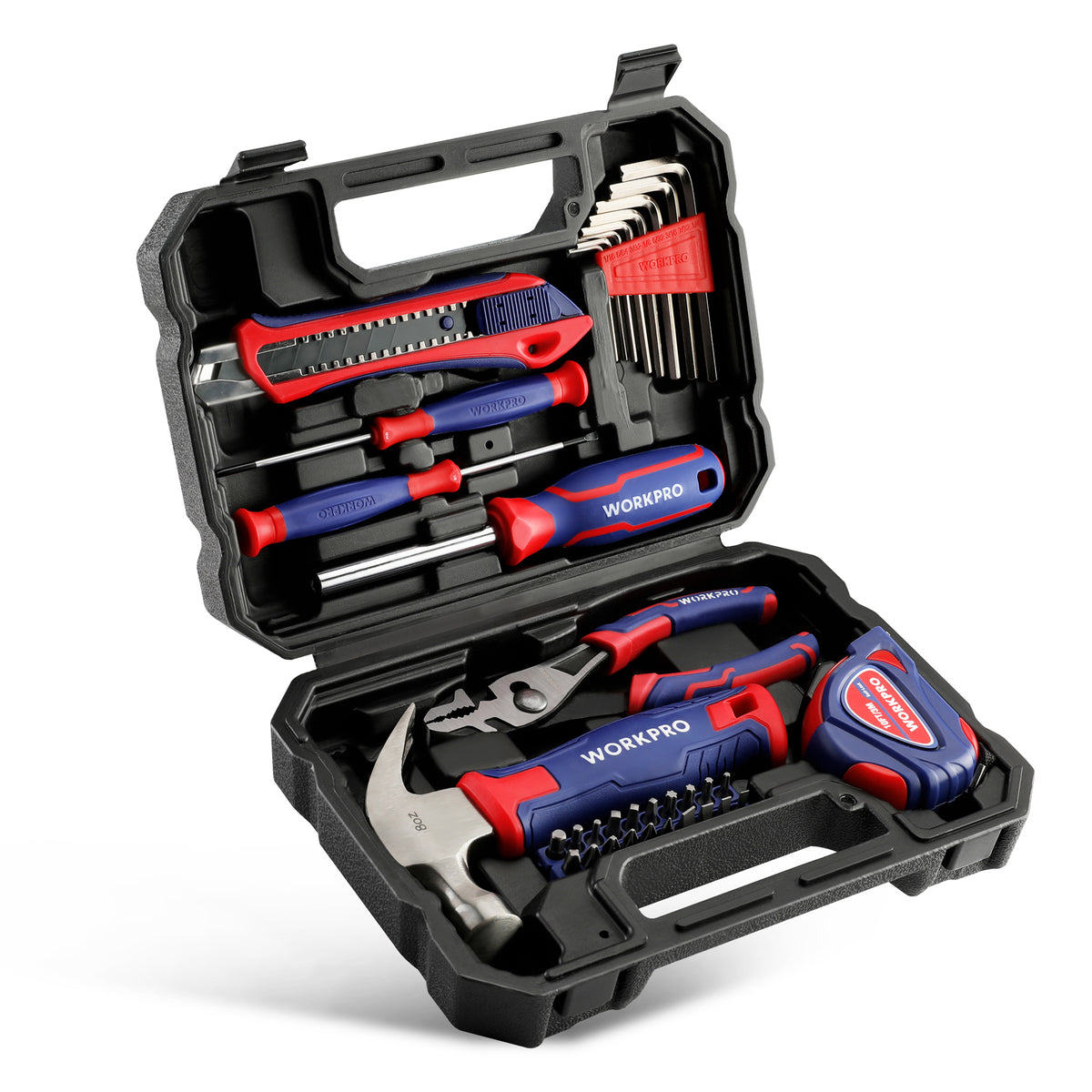 Workpro household tool set in blue and red with magnetic screwdrivers and 20 bits for home repairs