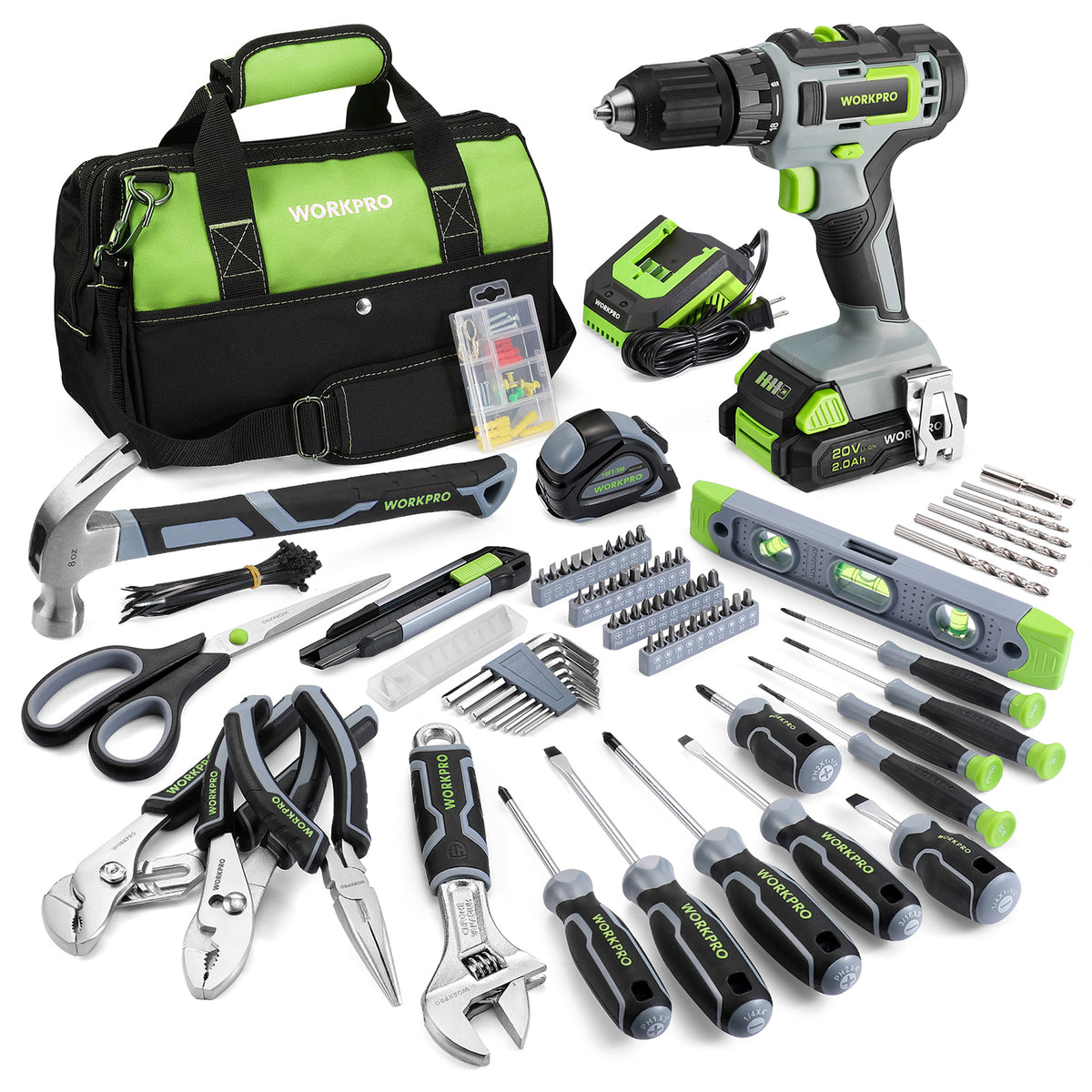Cordless drill driver and 157-piece home tool set with storage bag and accessories