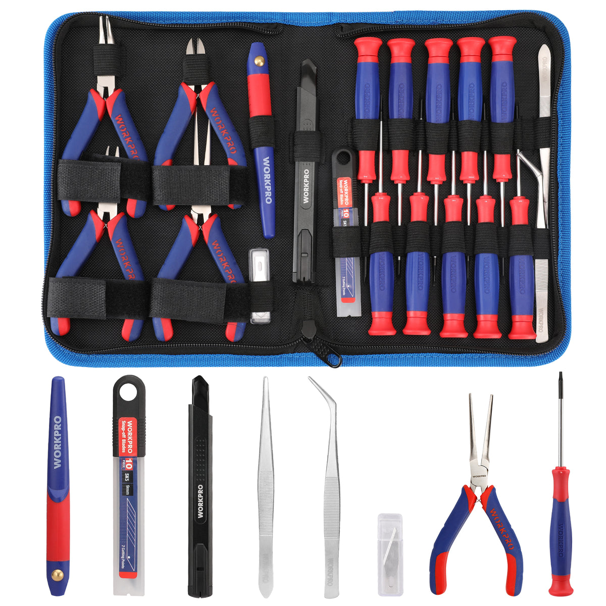 WORKPRO 33 Pcs precision repair tool set with blue and red handles, innovation quality high-quality durable secure