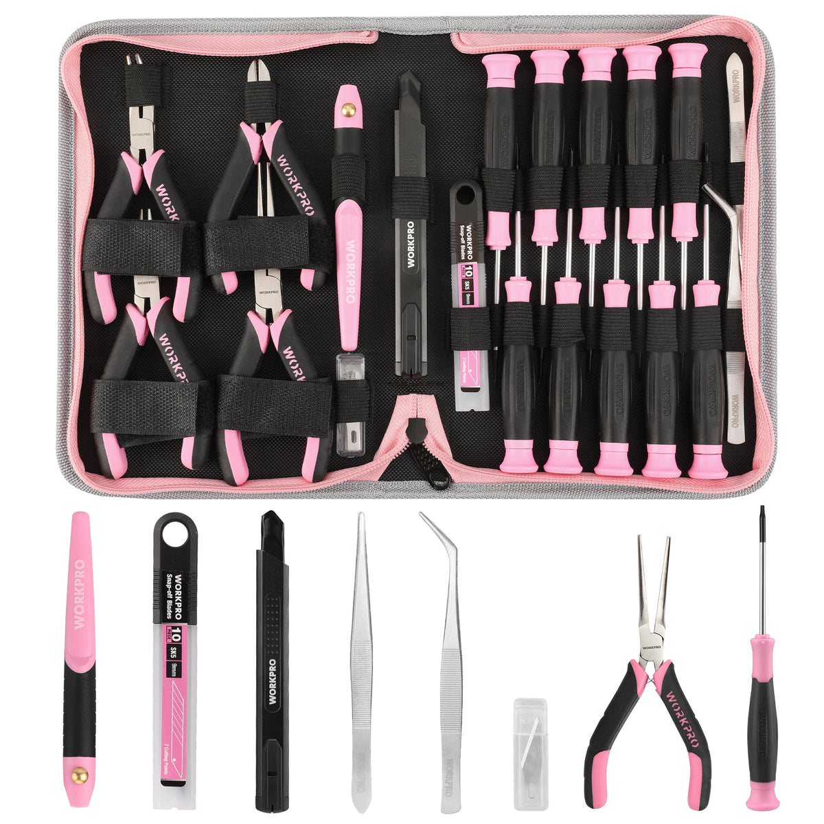 WORKPRO 33 piece precision repair tool set in pink and black with innovation, quality, and secure storage