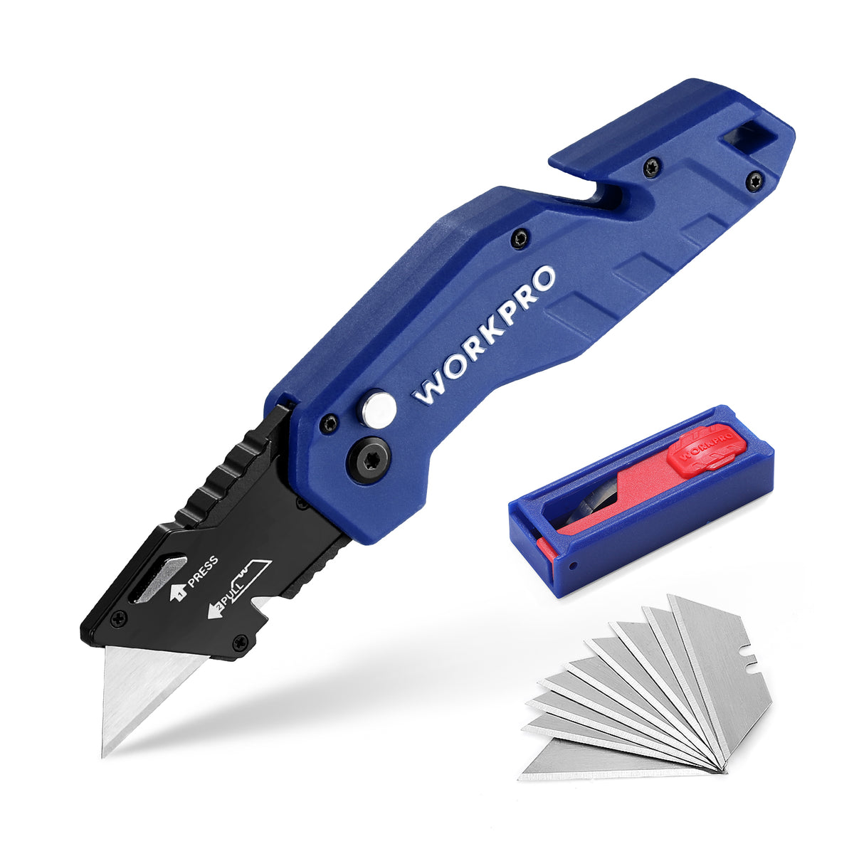 WORKPRO folding utility knife in blue with nylon handle, quick-change blade system for durable, convenient use