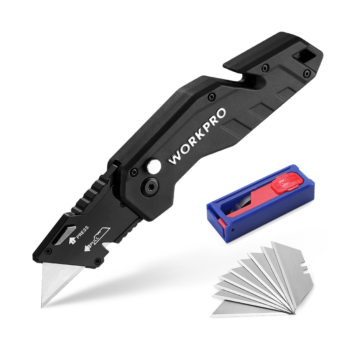 WORKPRO Folding Utility Knife Lightweight Nylon Handle Utility Cutter with 10-piece blades, black, secure and durable