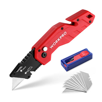 WORKPRO Folding Utility Knife Lightweight Nylon Handle Utility Cutter in red with secure axis lock, durable quality