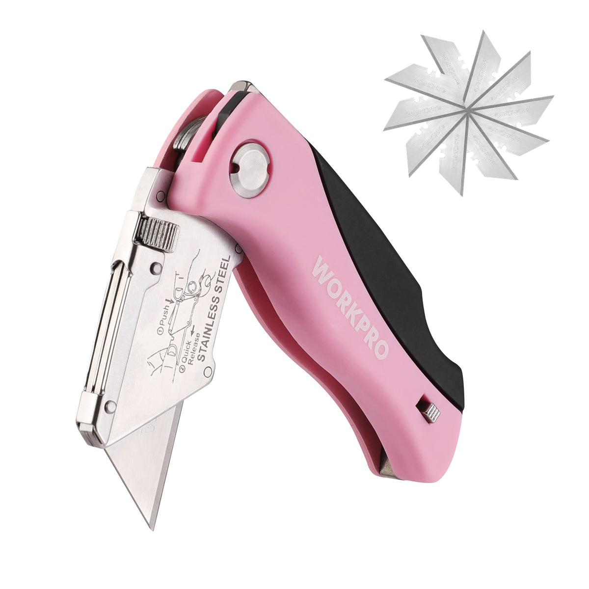 WORKPRO Folding Utility Knife with quick blade change in pink and black, secure back lock design