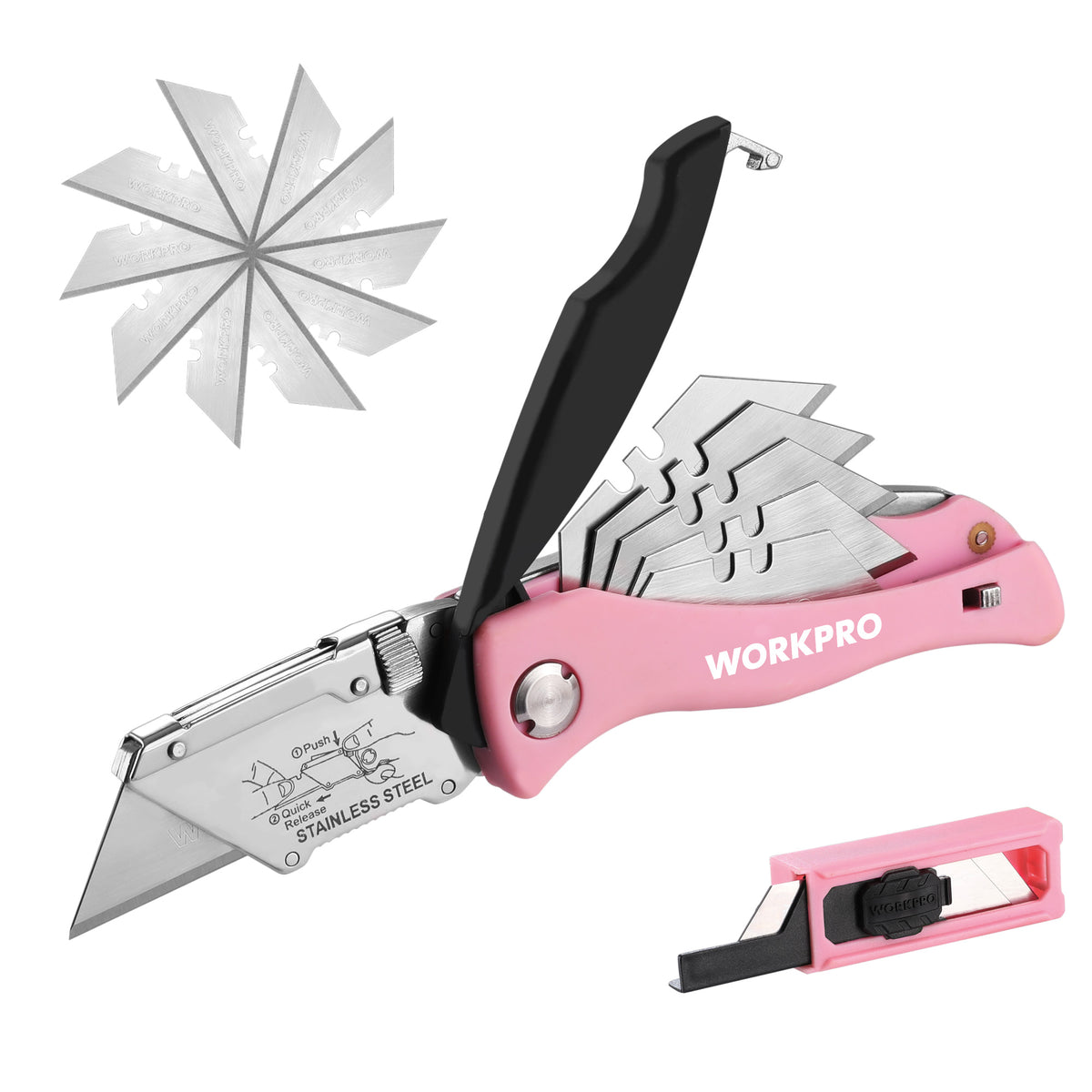 WORKPRO Folding Utility Knife quick change box cutter in pink with durable ABS grip and secure blade back lock