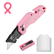 WORKPRO folding utility knife in pink with secure button lock and quick release blade change, durable quality