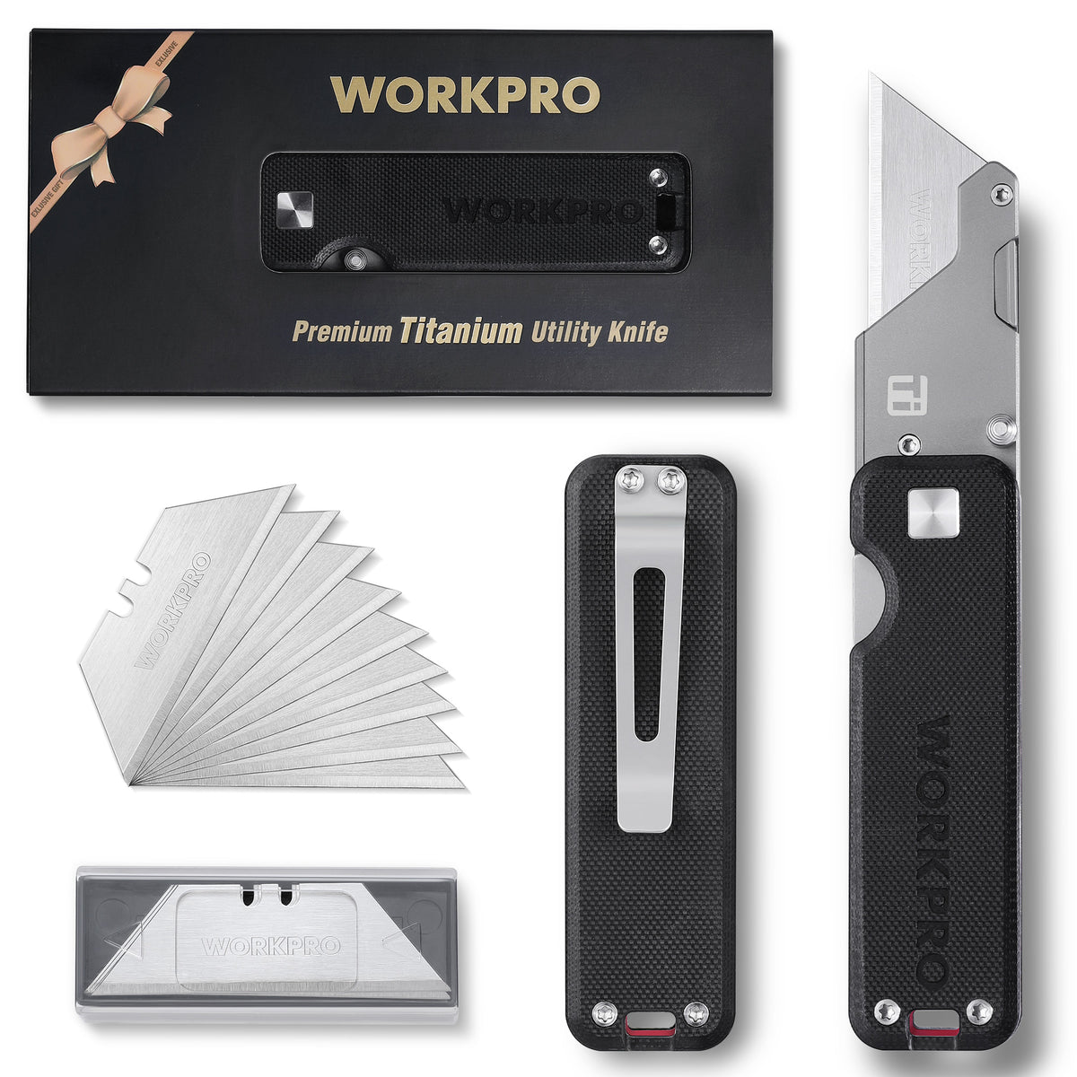 Workpro lightweight CNC unibody titanium utility knife in black and silver with a convenient quick release button for blade