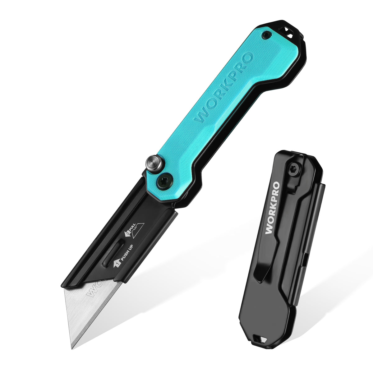 WORKPRO EDC Folding Utility Knife mini box cutter in turquoise and black with innovation, quality, durable, secure