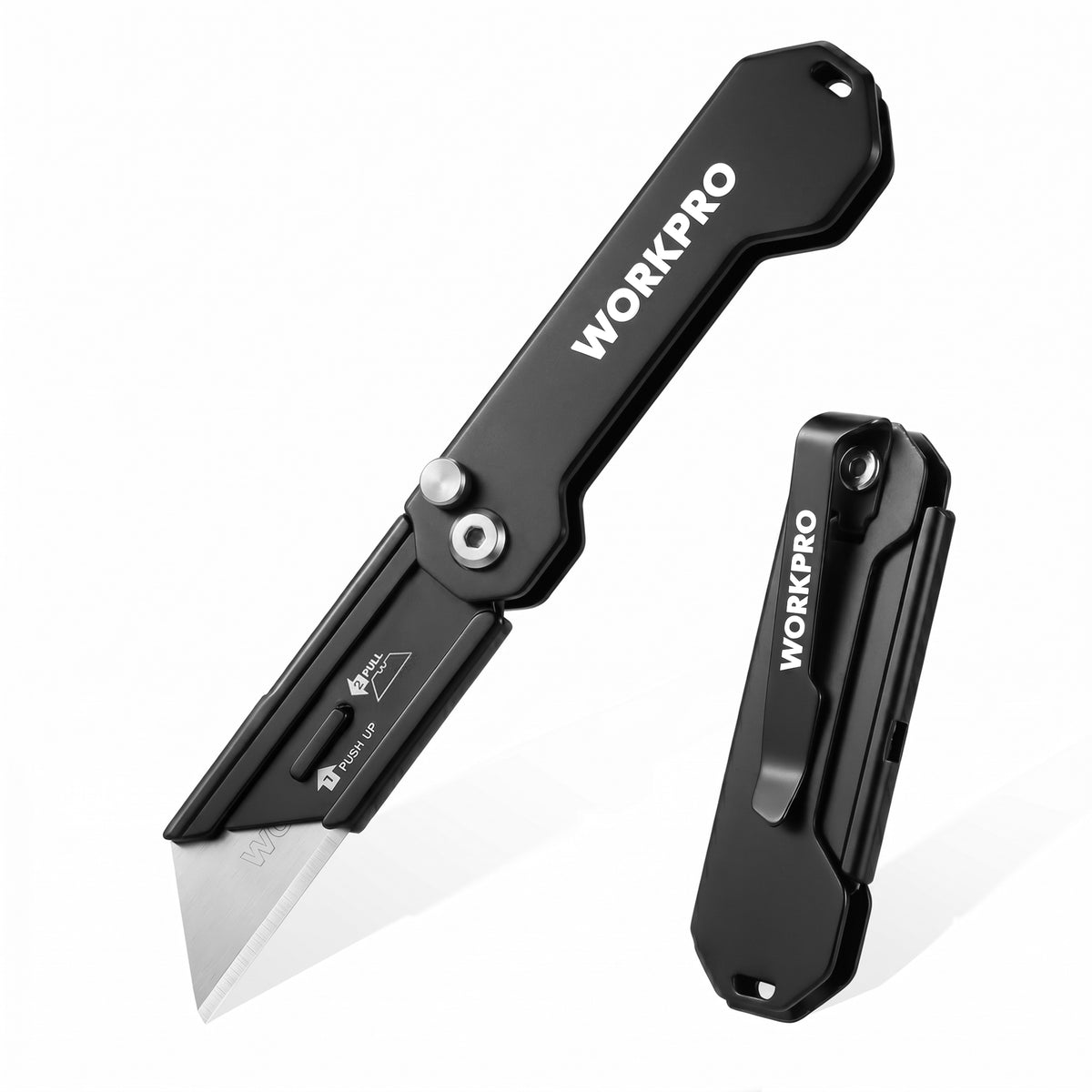 Workpro EDC folding utility knife in black with stainless steel construction and 3.3 inch closed length.
